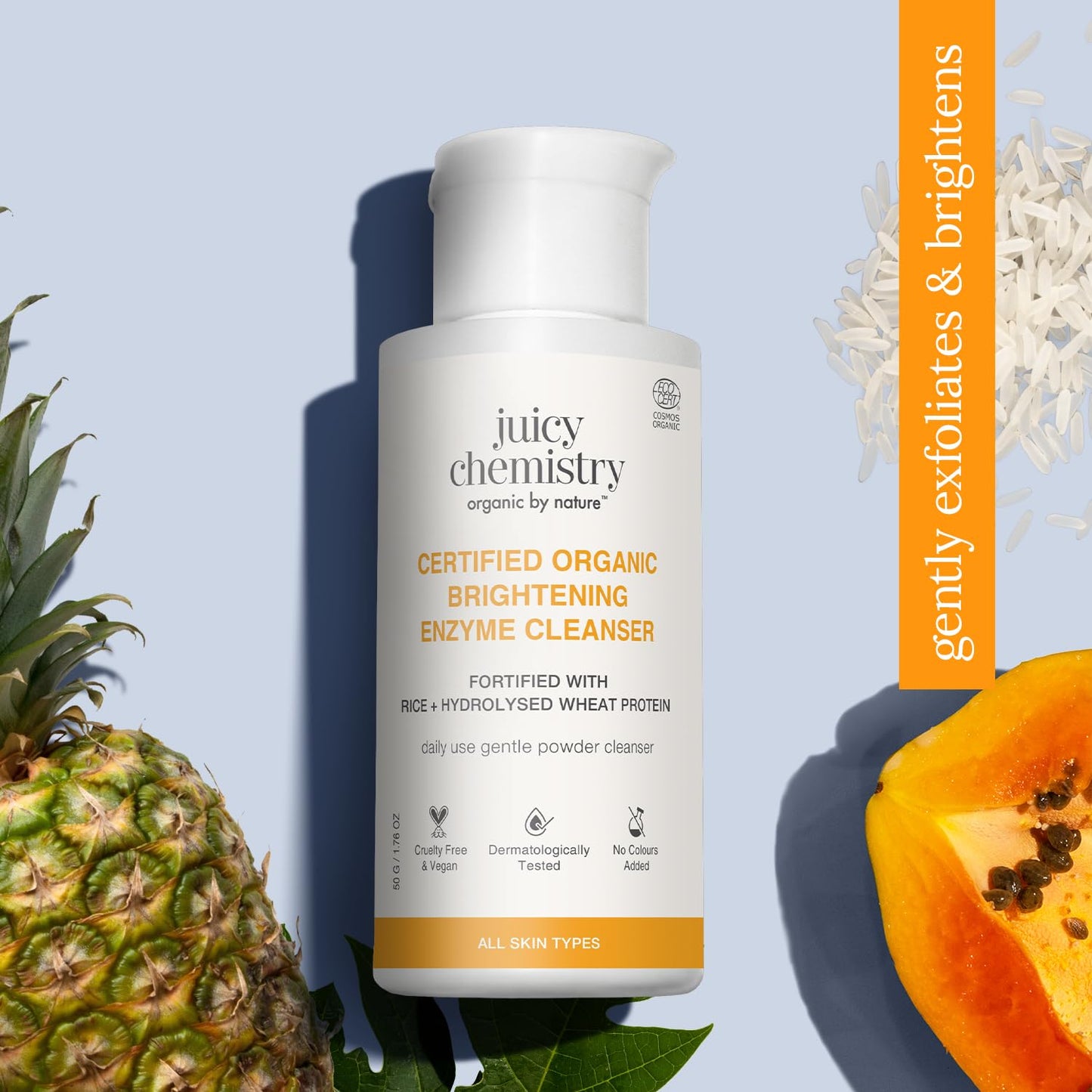 Juicy Chemistry Certified Organic Brightening Enzyme Cleanser, 50 g | Natural Fruit Enzyme Facial Cleanser | Gentle Daily Exfoliation Powder with Papaya, Pineapple, Pentavitin, Aloe | Vegan, Cruelty-Free