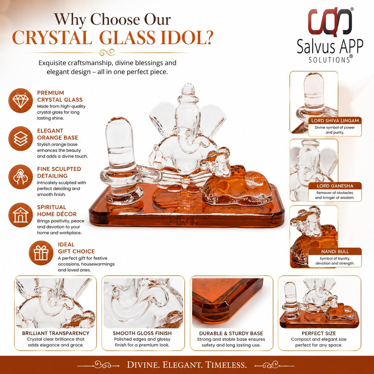 Crystal Glass Shiva Ganesha Nandi Statue | Decorative Religious Showpiece for Home, Temple & Office | Orange, 4 x 2.5 Inch