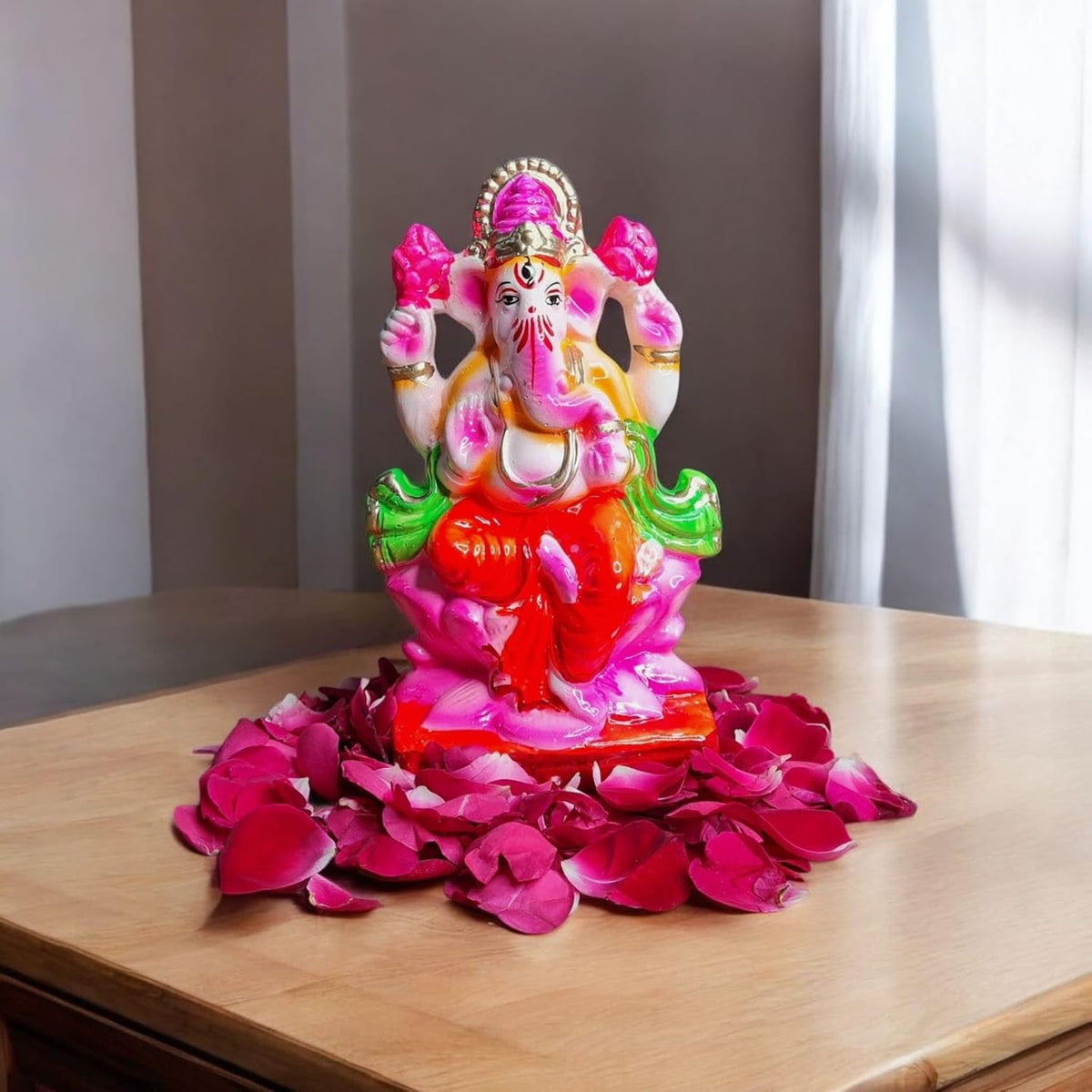 SAUDEEP INDIA 6 Inch Mitti Ganesh Idol | Eco-Friendly Handcrafted Mud/Clay Ganesh Murti | Ganpati Figurine for Visarjan | Biodegradable Lotus Ganesha Statue | Ganesh Chaturthi (Colored Mitti Ganesha)