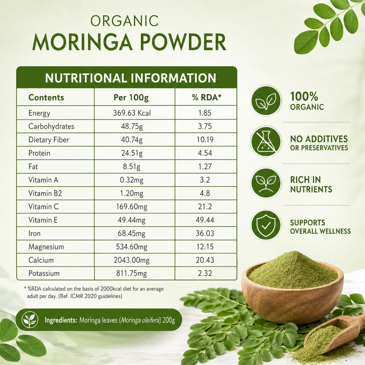 Baidyanath Ayurved Certified Organic Moringa Powder 200 gm | Pure Moringa (Drum Stick) Powder | Green Superfood for Energy, Immunity & Daily Wellness | Plant-Based Herbal Nutrition Supplement