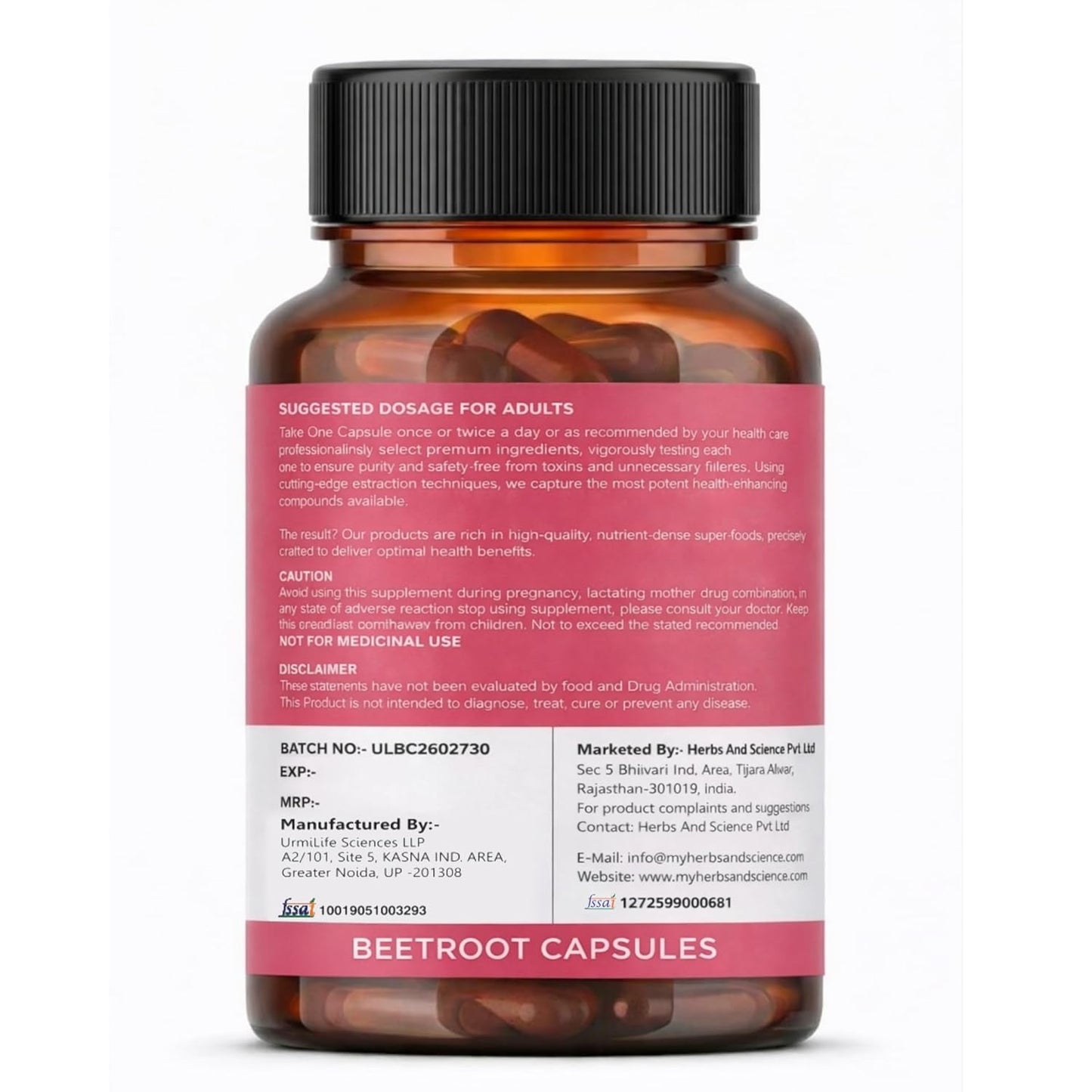 Beetroot capsules bottle with label on a white background