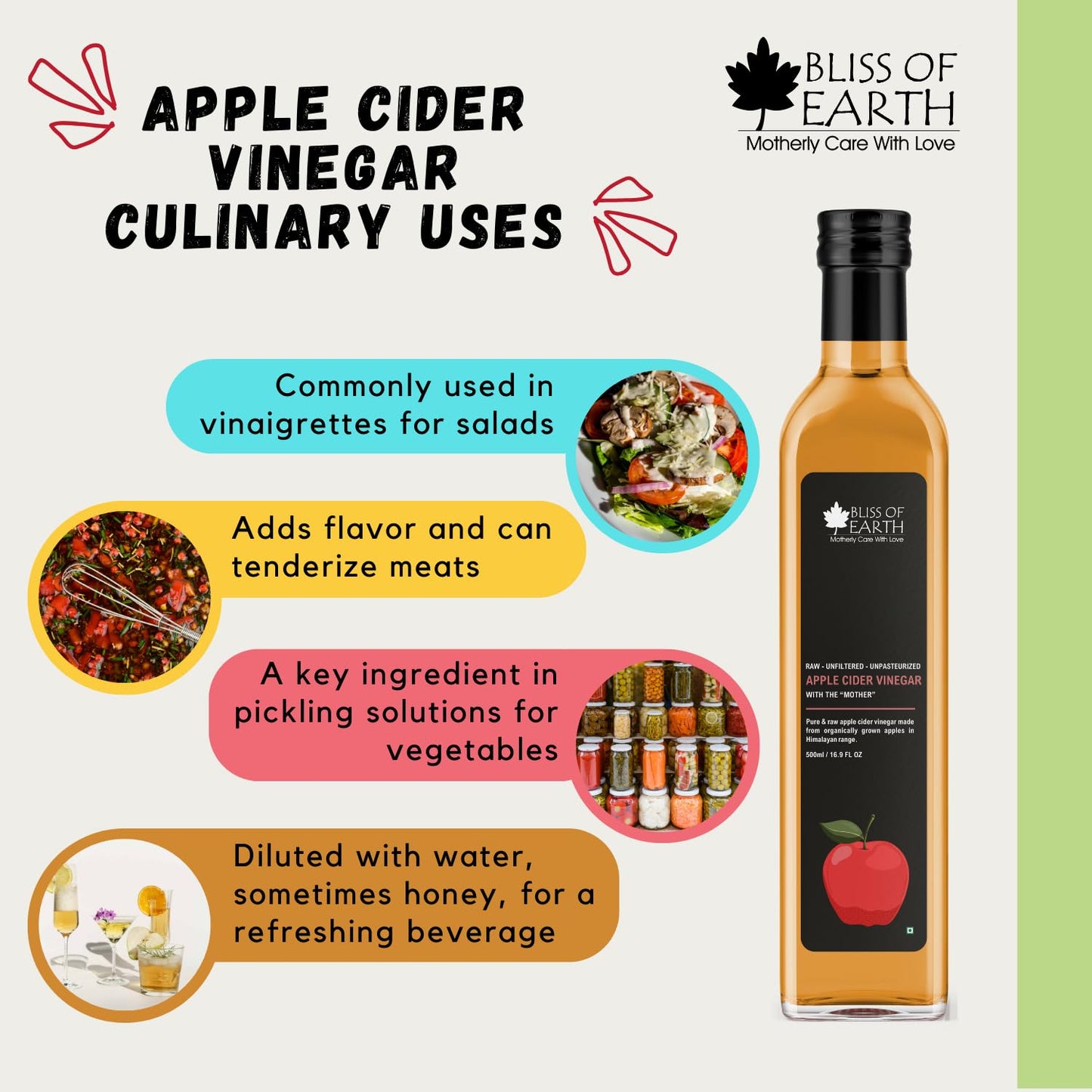 Bliss of Earth Apple Cider Vinegar With Mother, Himalayan Organically Grown Apples, Unfiltered, Raw,500 ml PET Bottle,