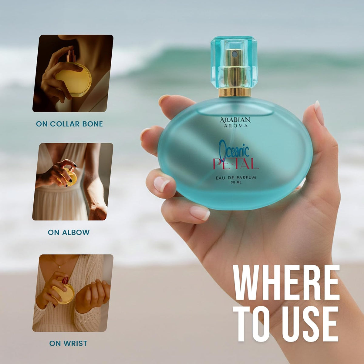 Hand holding a blue perfume bottle with application tips on a light background