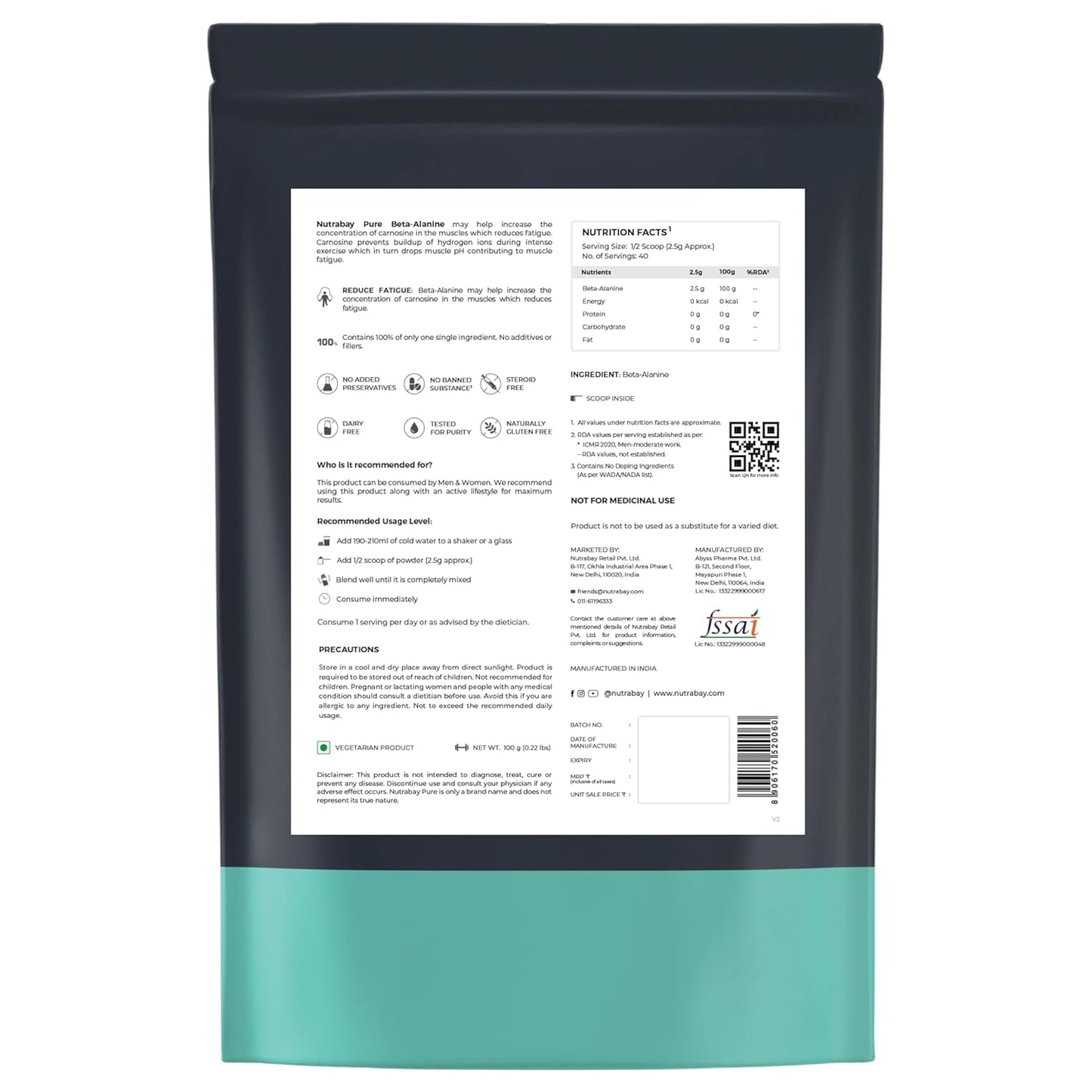 Back view of a product packaging with text and QR code on a white background