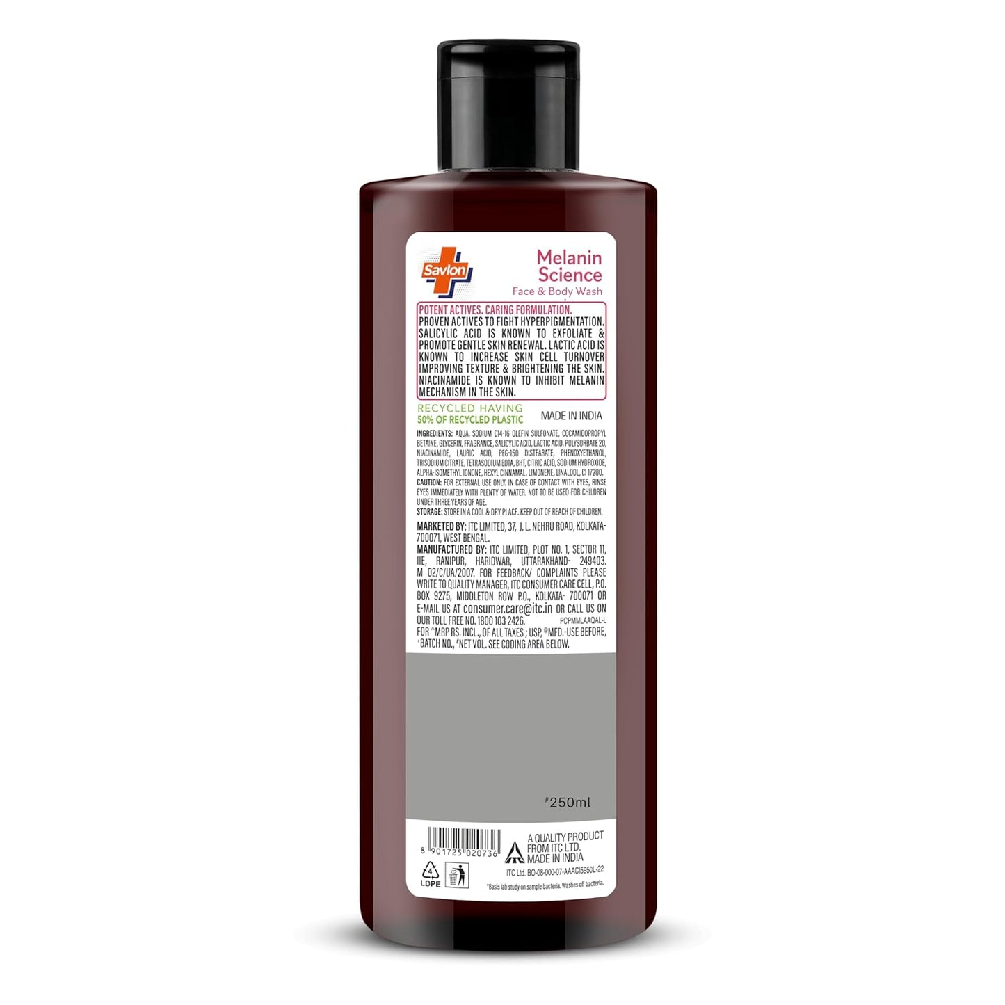 Savlon Melanin Science Face & Body Wash 250ml | With 1% Salicylic Acid + 1% Lactic Acid + 0.5% Niacinamide | Fights Hyperpigmentation | Helps Renew Dull Skin in 7 Days | Dermatologically Tested
