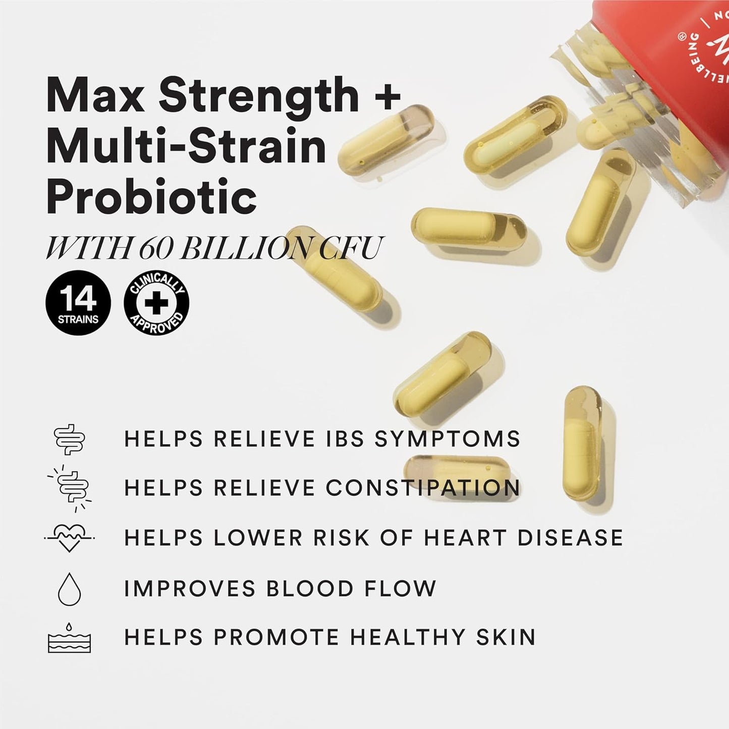 Wellbeing Nutrition Advanced Daily Probiotics + Omega 3 | Clinically Proven 60 Billion CFU, 14 Unique Strains | For Bloating, Indigestion, IBS, Immunity, & Clear Skin | 60 Enteric-Coated Veg Caps