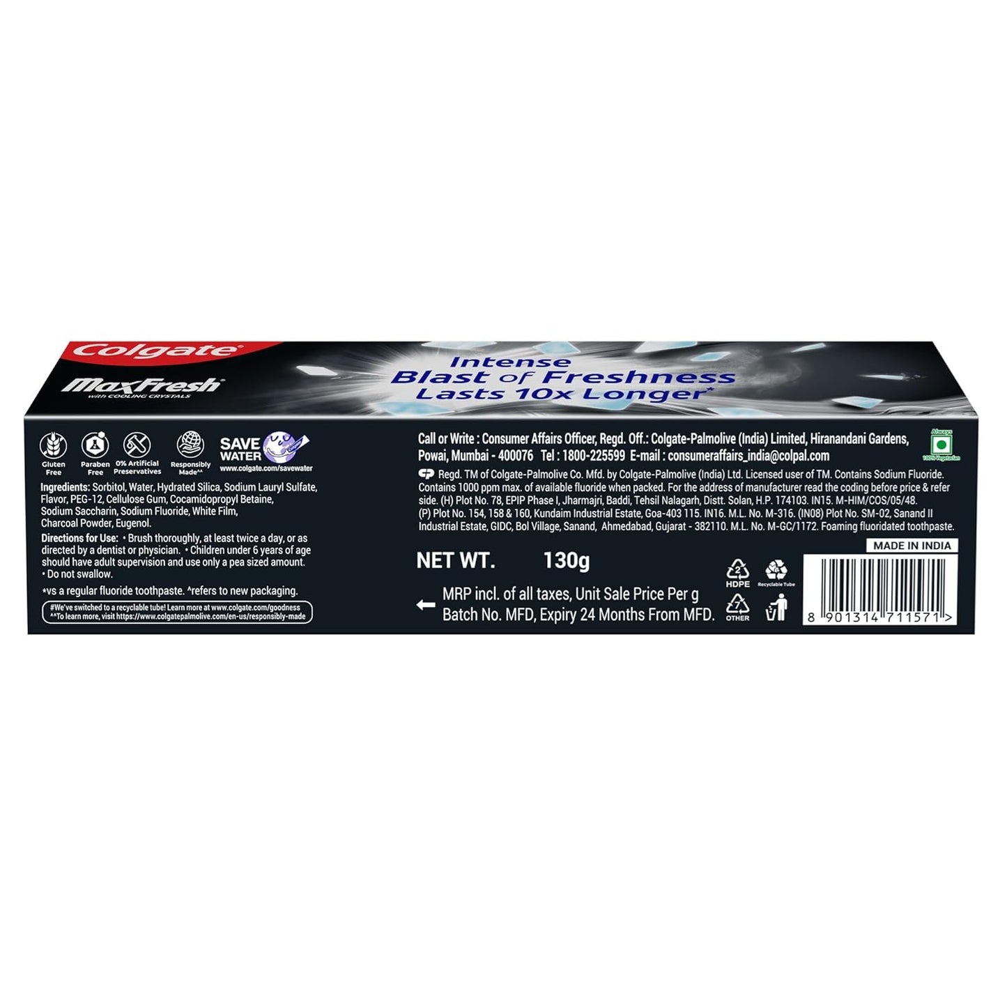 Colgate MaxFresh Toothpaste, Black Gel Paste with Charcoal for Super Fresh Breath, 130gm