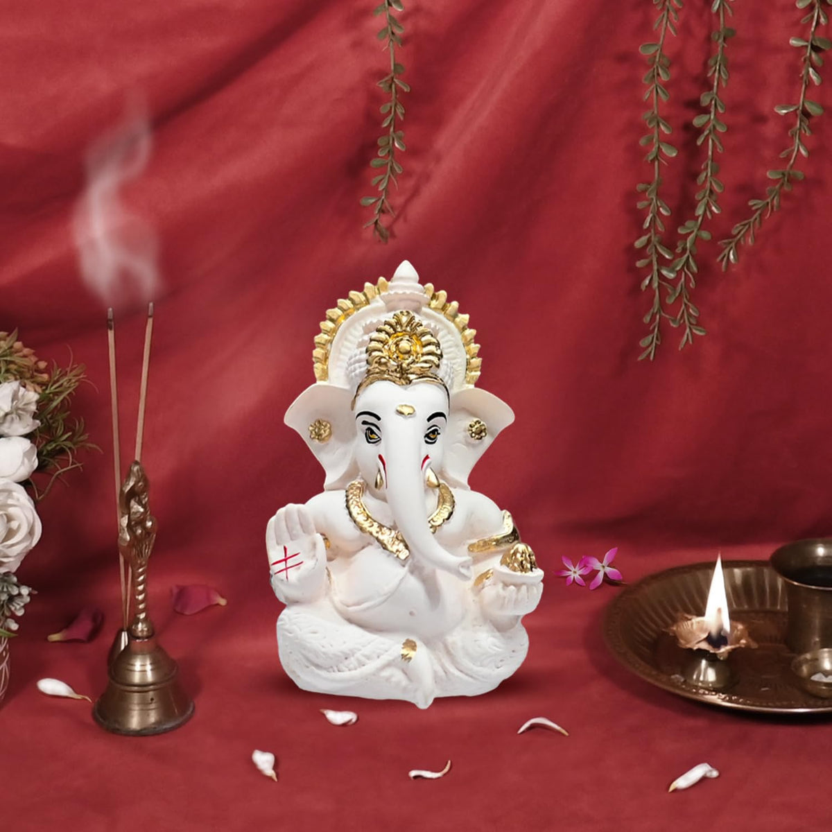 Gold Plated Ganesha Idol for Office Desk and Puja Room, Ganpati Murti for Home Decor, Lord Ganesh Statue Gift, Figurine (8.89 x 5.08 cm) (Peach)