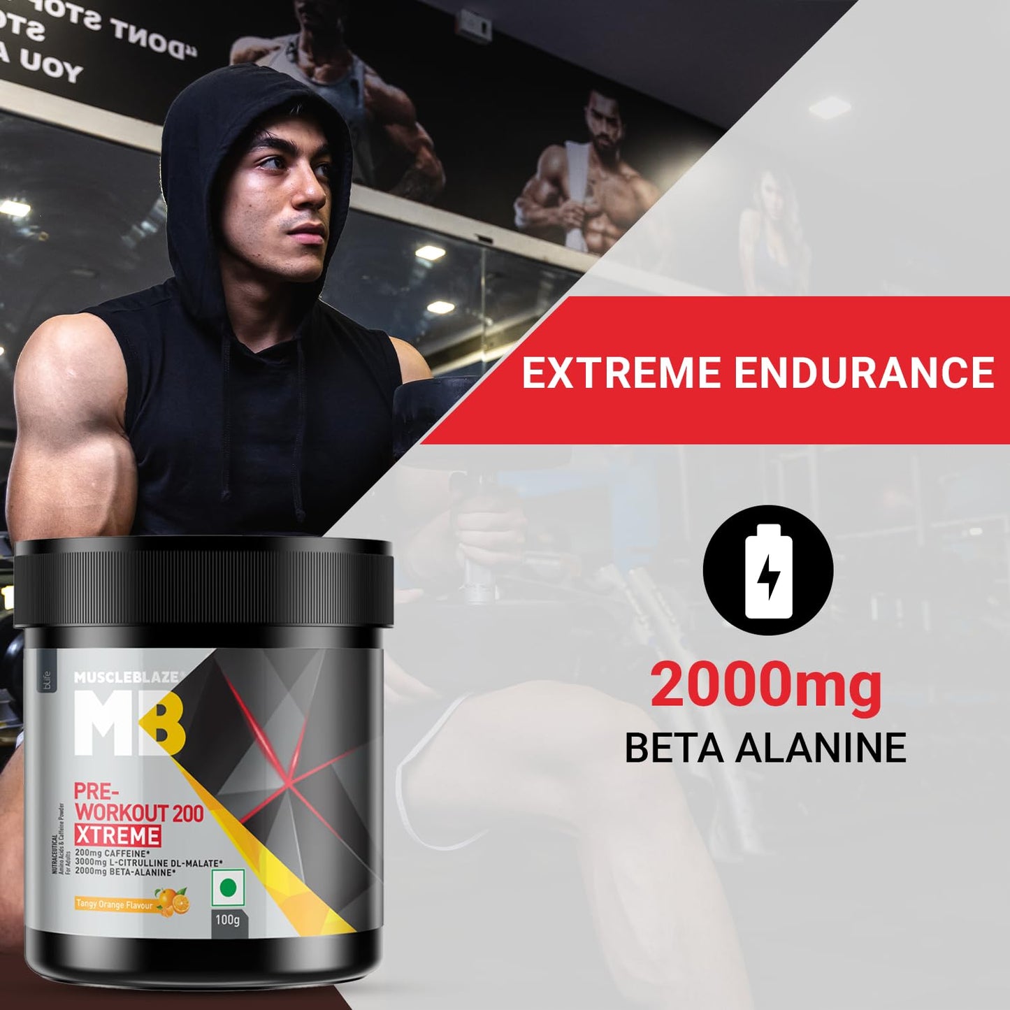 MuscleBlaze Pre Workout 200 Xtreme (Tangy Orange, 15 Servings, 100g) | 200mg Caffeine, 200mg Theanine, 2000mg Beta Alanine, 3000mg Citrulline