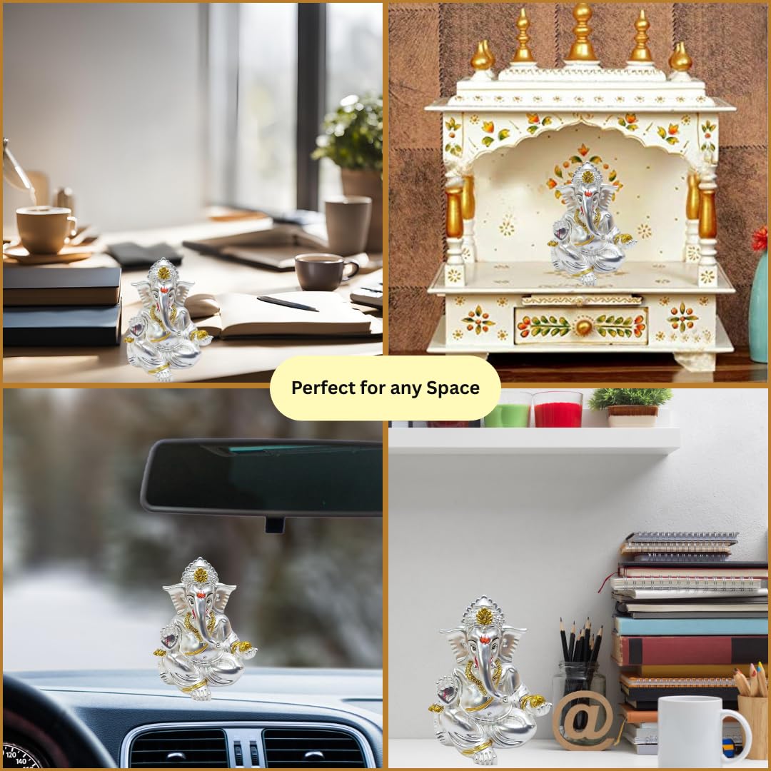 Gold Art India Matte Silver Plated Gaddi Ganesh Idol For Car Dashboard Small Ganesha Murti Ganpati Idol For Home Decor Puja Lord Ganesh Statue Gift For Office Desk Puja Room Figurine