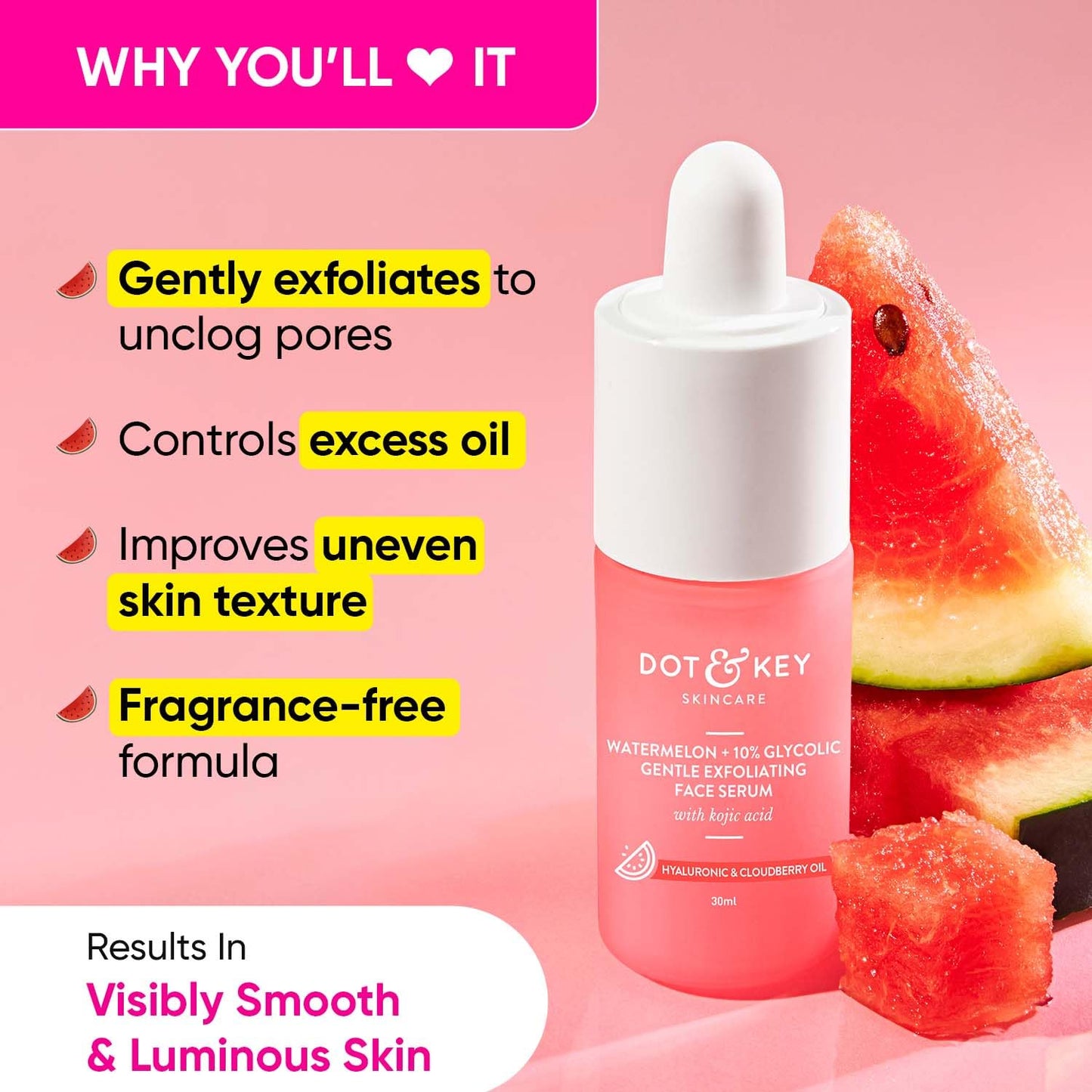 Zephivo Dot & Key Watermelon 10% Glycolic Serum for Face Glowing, With KojicI | Targets Pigmentation & Dark Spots | Targets Dullness, Uneven Texture, Sebum & Excess Oil | Serum For Oily & Normal Skin | 30ml