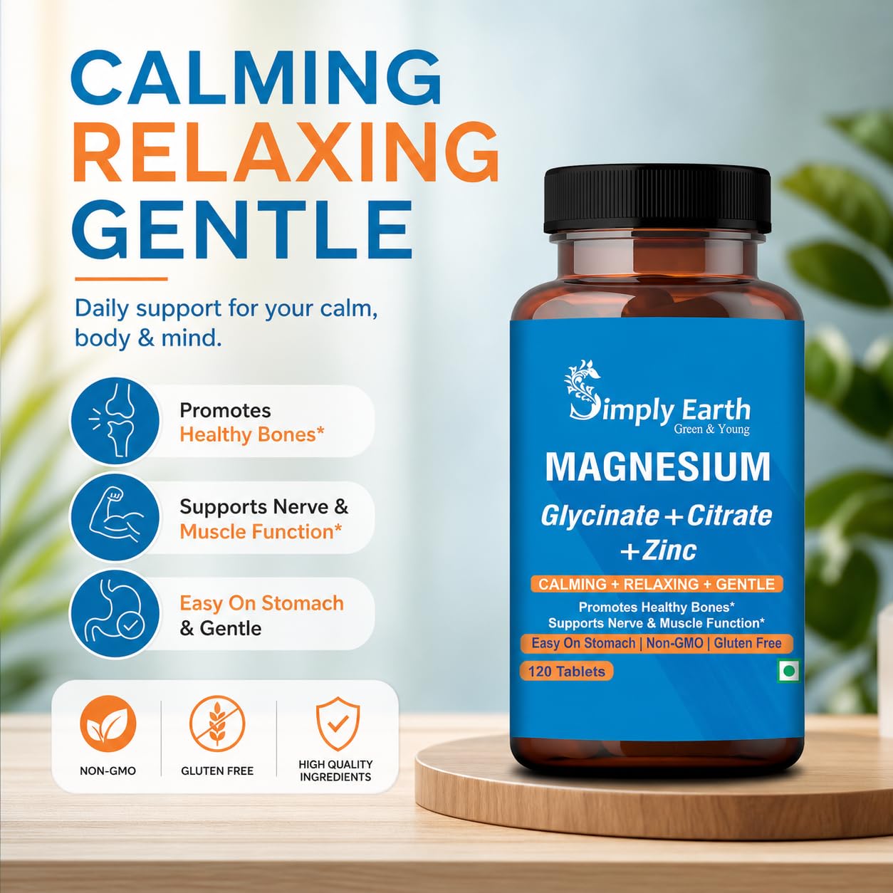 Simply Earth Magnesium Complex supplements - 120 Veg Tablets with Magnesium Glycinate; Citrate; Oxide & added Zinc - Promotes Healthy Bones; Supports Nerve & Muscle Function