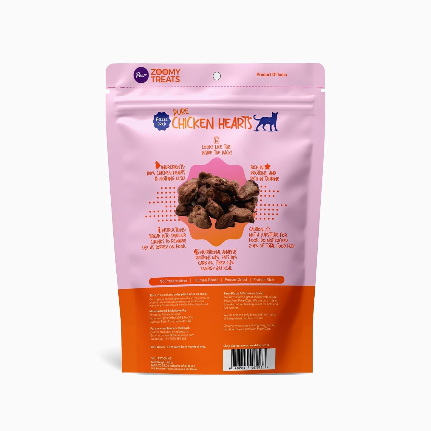 Pawr4Cats | Chicken Hearts Zoomy Treats | Freeze-Dried | Rich in Taurine and Proteins | No Preservative | Use as Treat or Food Topper | 45 GMS,All Life Stages