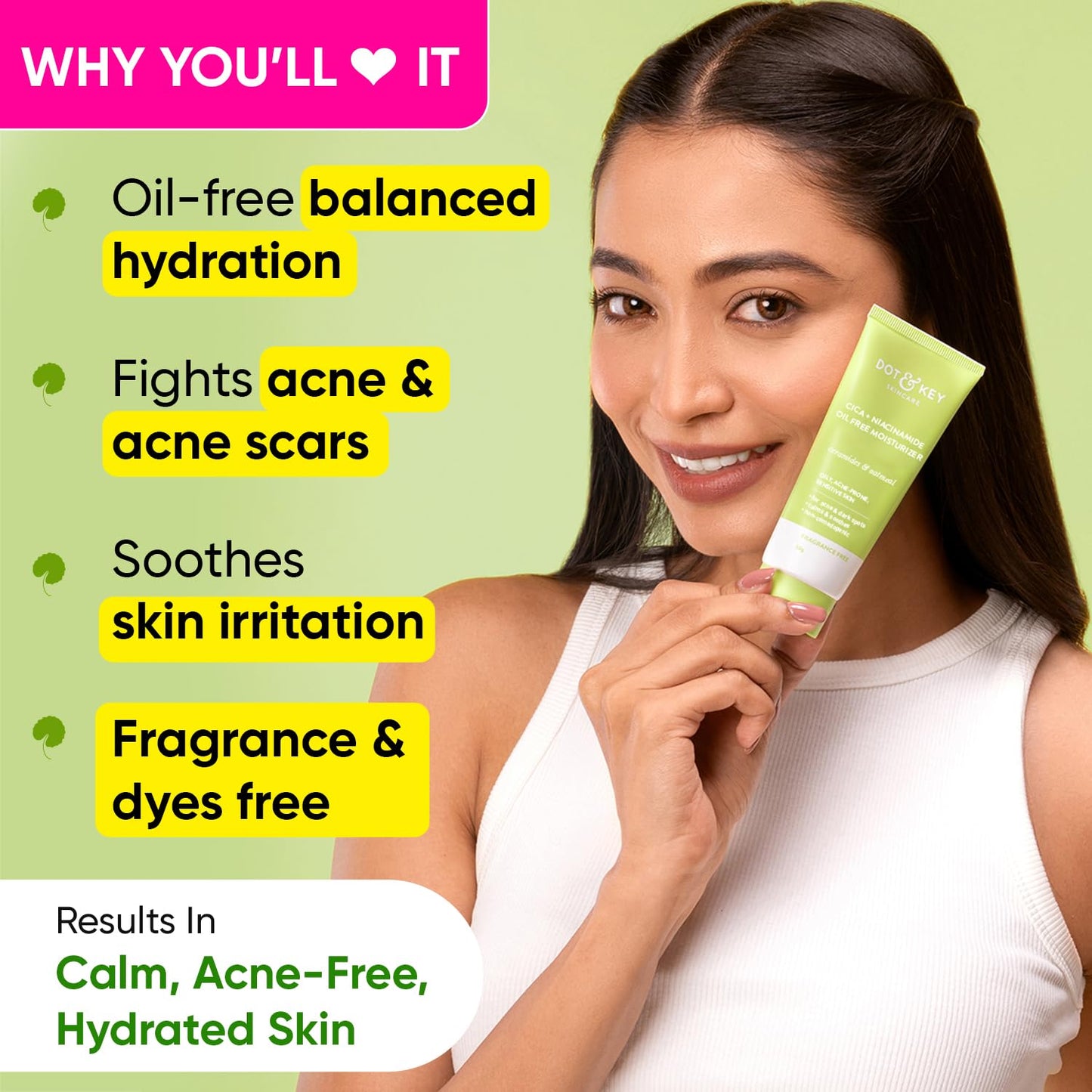 Zephivo DOT & KEY Cica + Niacinamide Oil Free Moisturizer For Acne Prone Skin Oil Free & Lightweight Fades Dark Spots & Blemishes, Soothes Redness Acne Cream For Oily Acne Prone & Sensitive Skin 50Gm