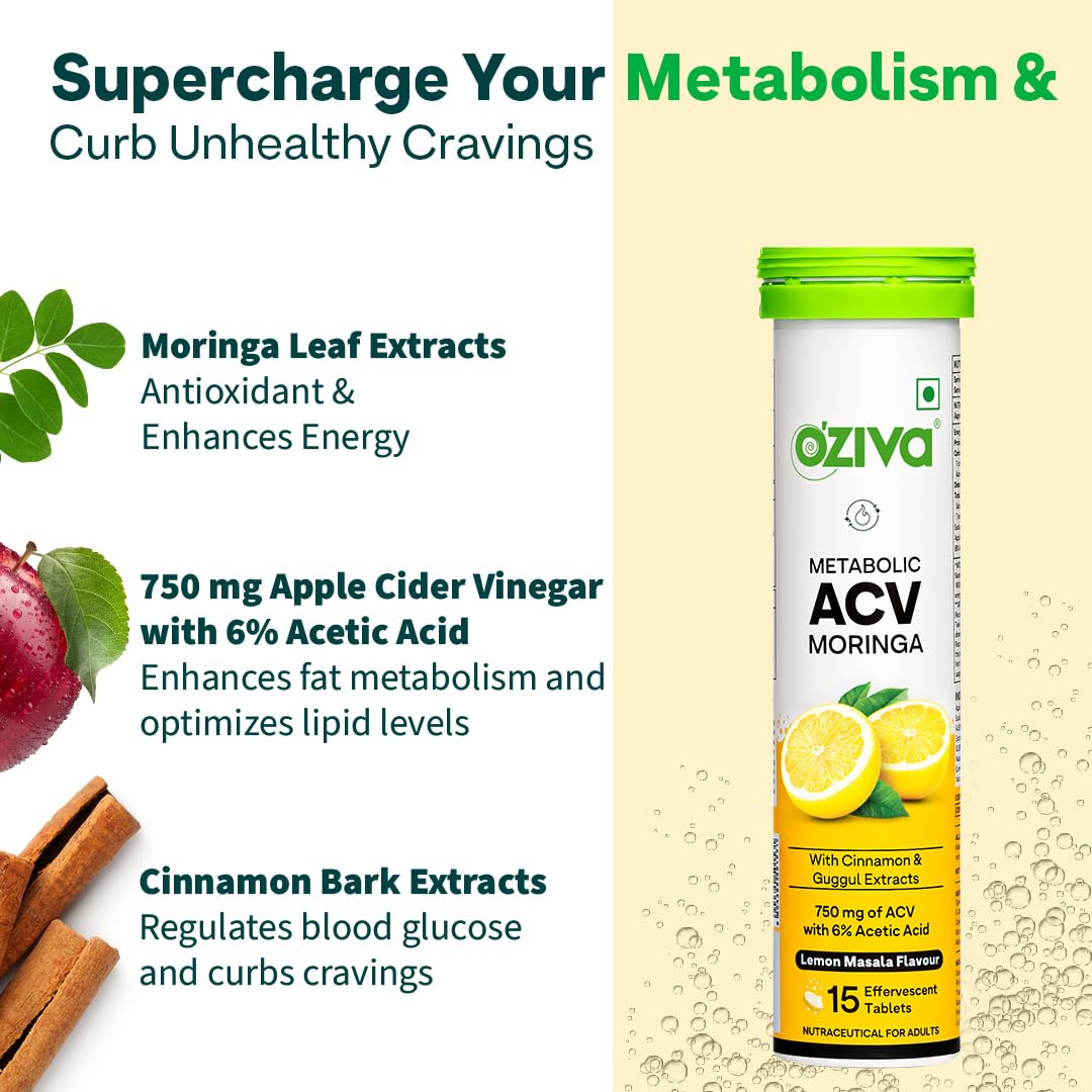 OZiva ACV Moringa | Control Cravings I Apple Cider Vinegar, Cinnamon I No Maltodextrin & No Added Sugar I 15 Effervescent Lemon Masala & Green Apple, Pack of 2 (30 Tablets)