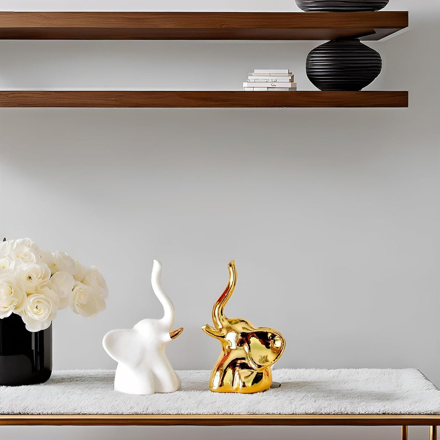 Street27® Home Decor Elephant Statue For Good Luck,Fengshui Ceramic Creative Small Modern Style Elephant Idol Figurines,Decorative Gift Items For Home,Office Desktop,Living Room (2pcs),White,Gold