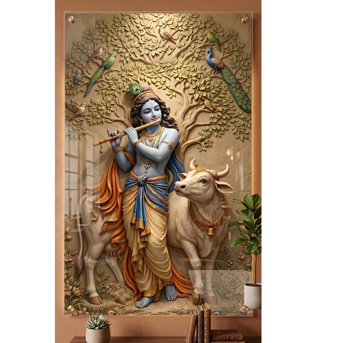 Krishna with Cow Acrylic Wall Painting for Living Room | 4MM Acrylic Glass Wall Decor | Vastu Krishna Canvas Art for Home Decoration, Bedroom, Office Wall Decoration | Spiritual Tree of Life Painting (12x23 inch)