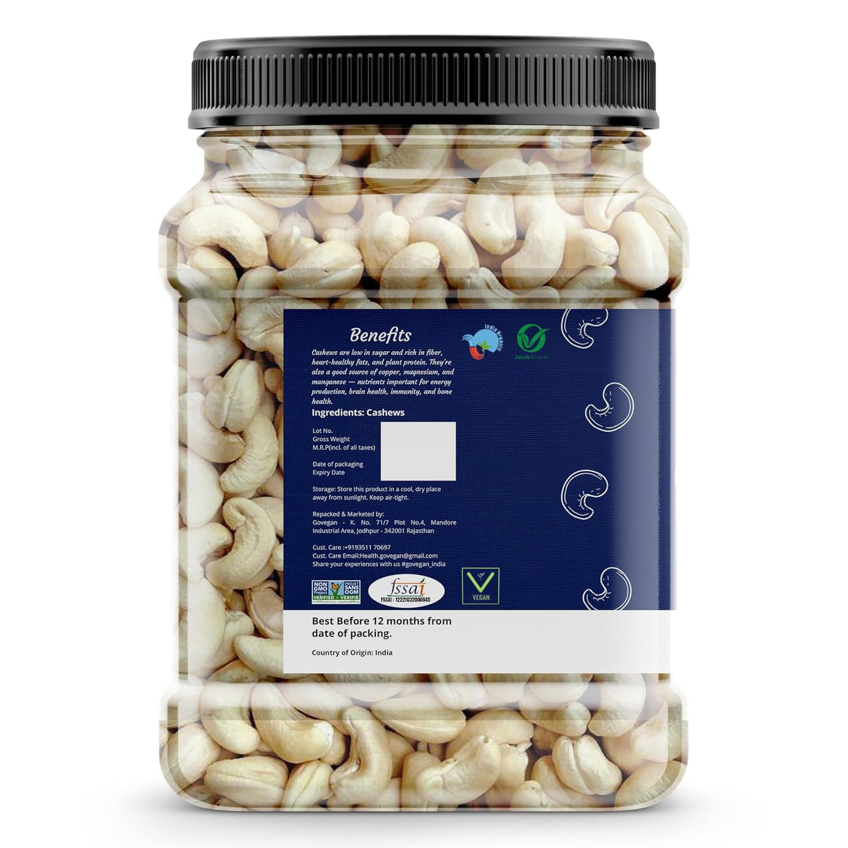 Go Vegan Whole Cashew Nuts W320| 100% Natural Premium Kaju | Nutritious, Delicious & Crunchy Kaju | Rich in Magnesium, Copper & Phosphorus
