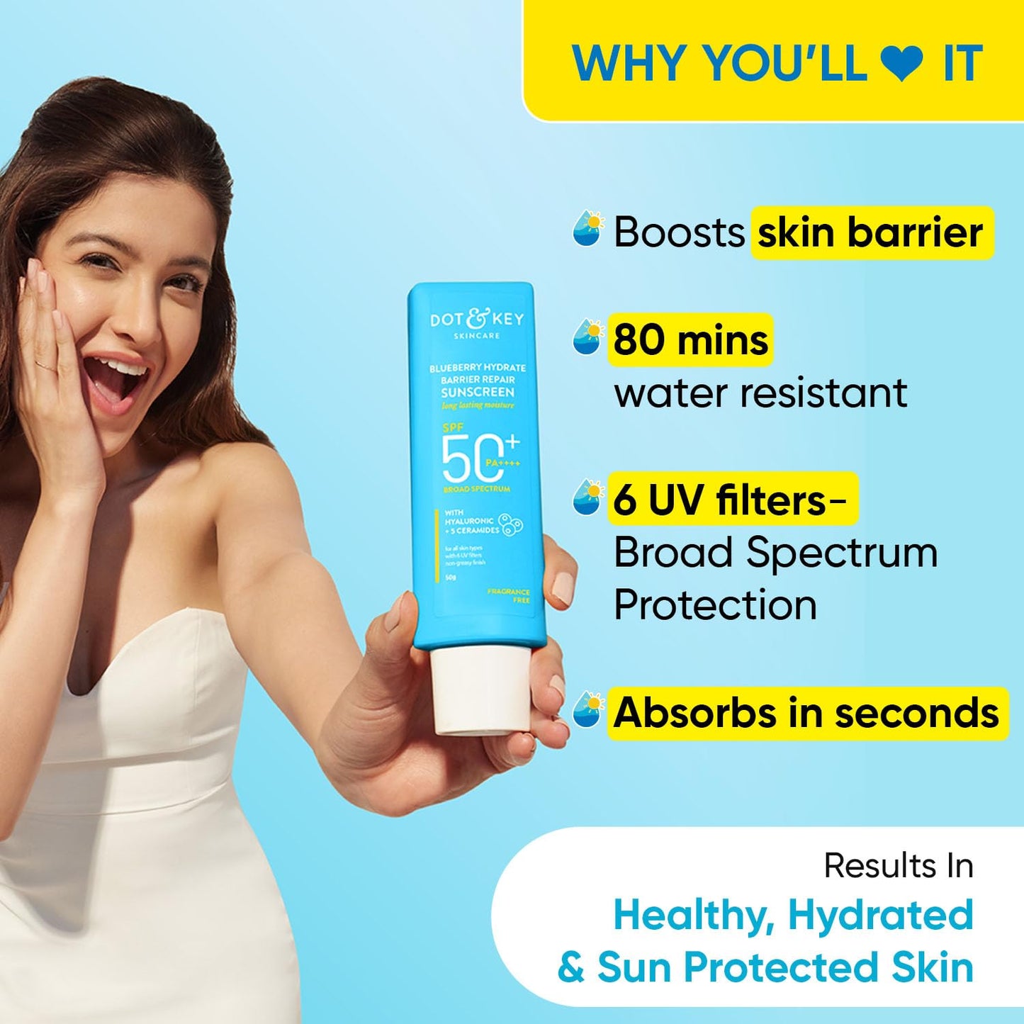 Zephivo DOT & KEY Dot&Key Blueberry Hydrate Barrier Repair Sunscreen Spf 50+,Pa++++|For Dry&Sensitive Skin|Non - Greasy Finish|No White Cast|Uv&Blue Light Protection|Broad Spectrum|For Women&Men|50G, 1 Count