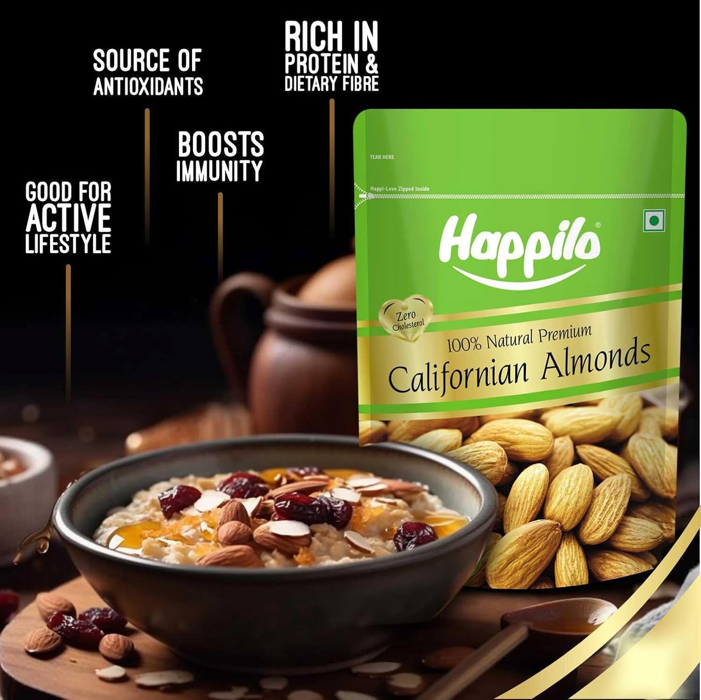Happilo Premium Natural Californian Almonds 500g | Badam Giri, Healthy Snacks, Dry Fruits | Crunchy Nuts | High in Fiber | Rich in Protein | Magnesium | Phosphorus | Dietary Fibre | Zero Cholesterol