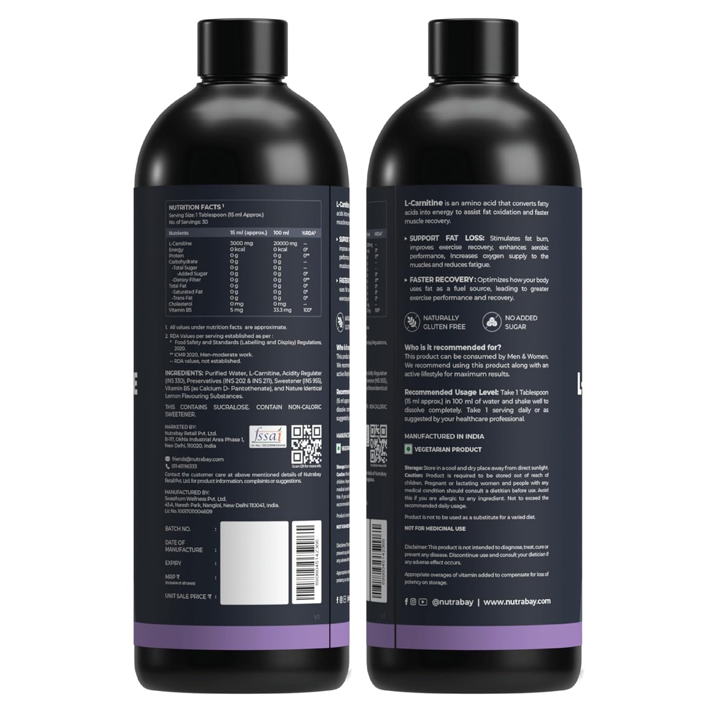Two black bottles with labels on a white background