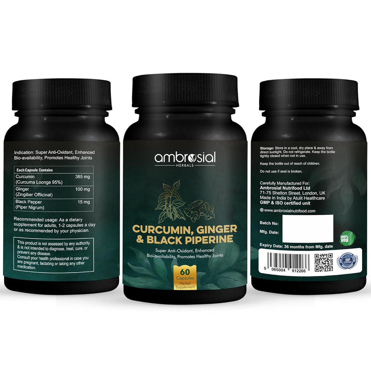 Three bottles of Ambrosial Curcumin, Ginger & Black Piperine supplement on a white background
