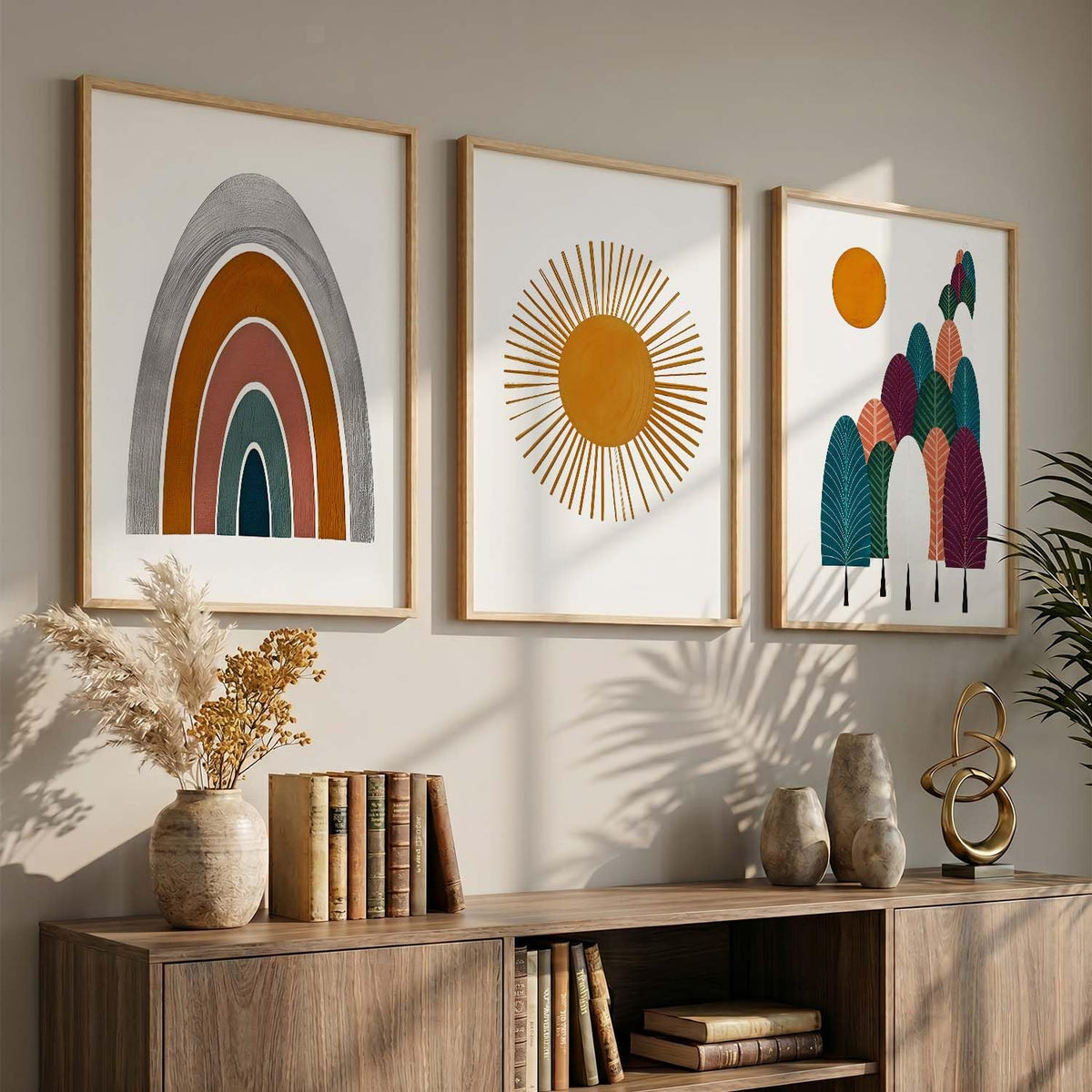 Boho Painting Wall Art Home Decoration Paintings With Frame For Living Room Bed Room Hotel Wall Decor Digital Reprint Set of 3 (13X17 inch)