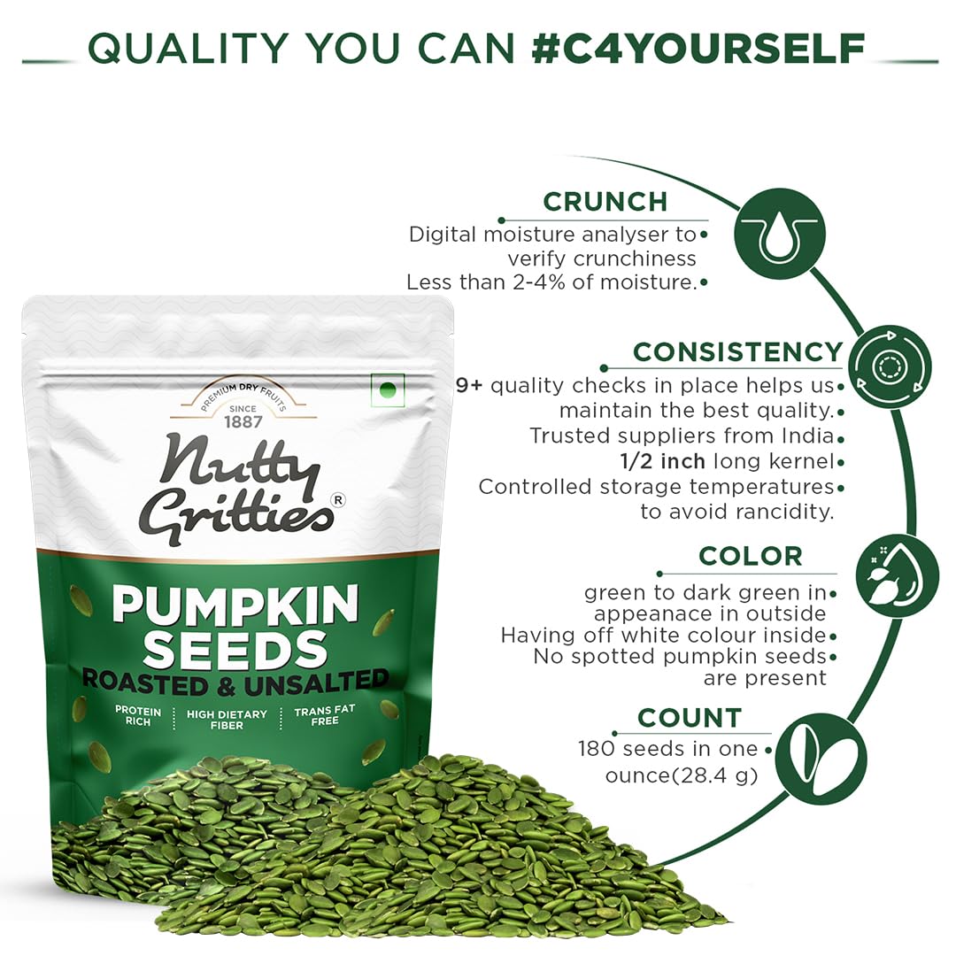 Nutty Gritties Roasted Unsalted Pumpkin Seeds 200g | Fibre-Rich Superfood | Healthy Snack for Eating