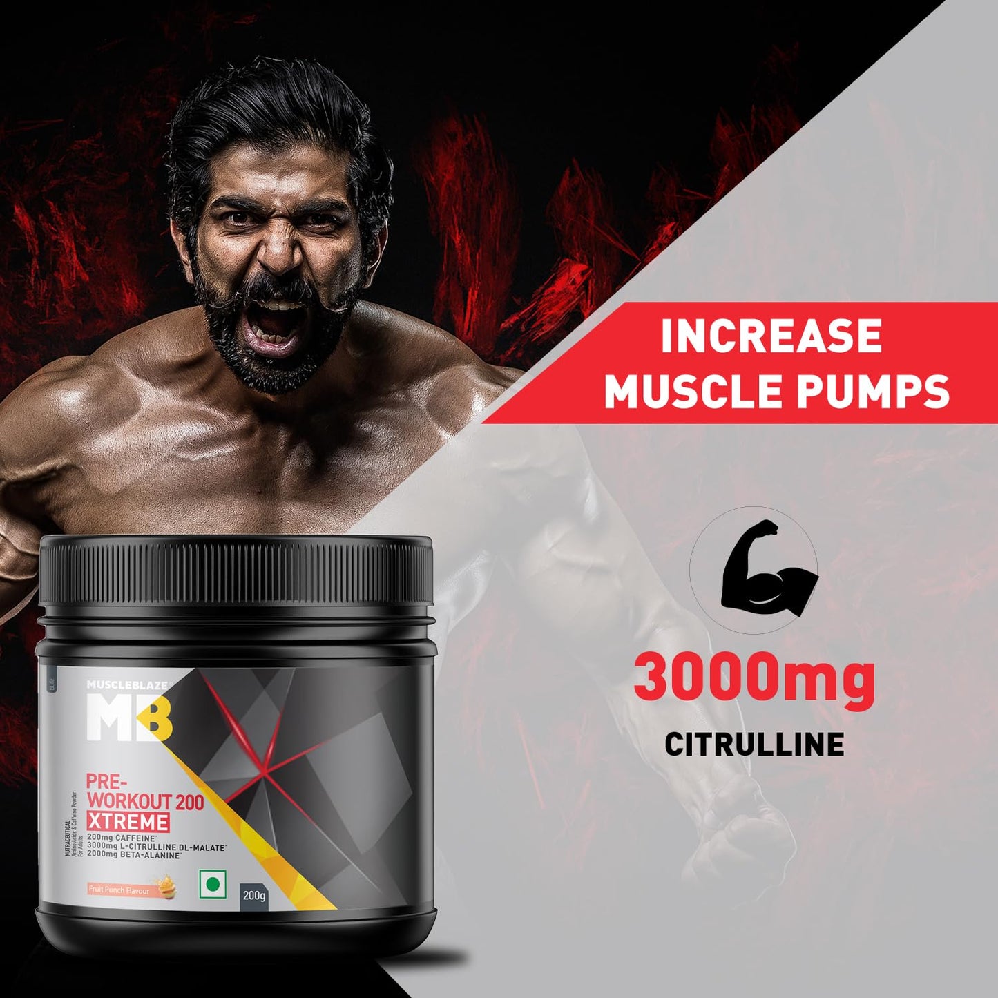 MuscleBlaze Pre Workout 200 Xtreme (Fruit Punch, 60 Servings, 200g) | 200mg Caffeine, 200mg Theanine, 2000mg Beta Alanine, 3000mg Citrulline