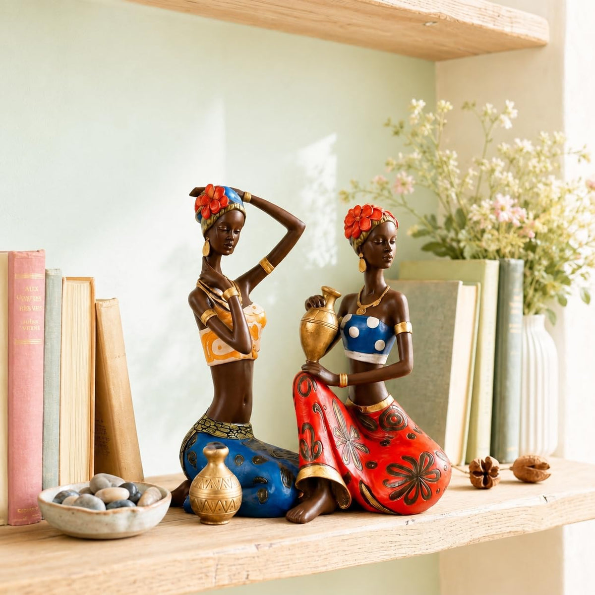 African Lady Statue with Pot| Graceful and Cultural Home Décor (Pack of 2, Red, Blue)