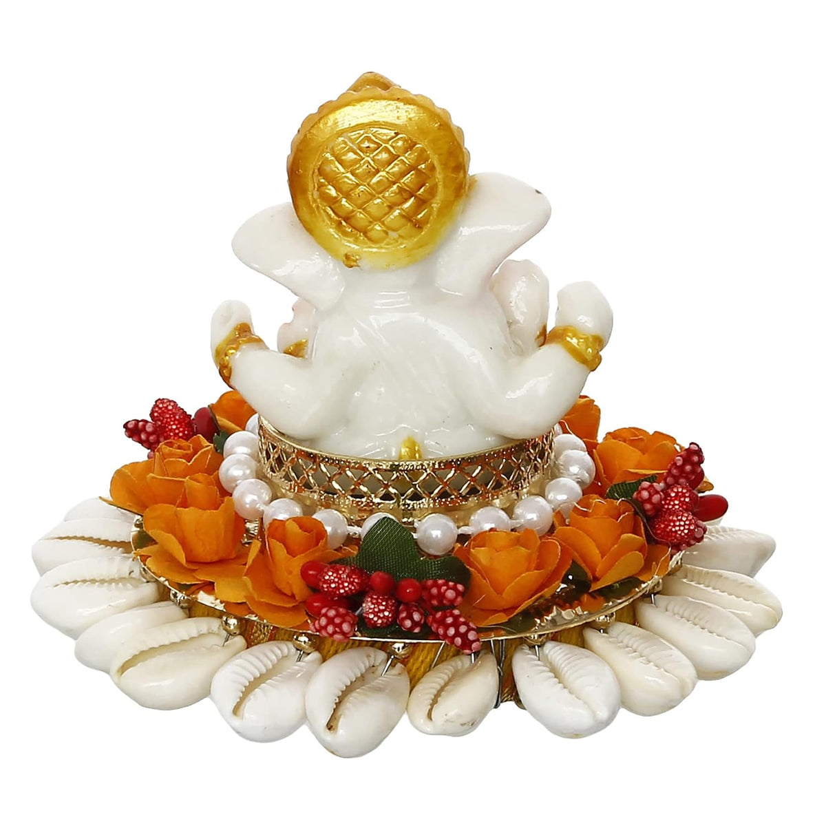 Polyresin Lord Ganesha Idol On Shells and Orange Floral Decorative Handcrafted Plate - Exquisite Hindu God Statue for Home, Temple, Office, Car Dashboard - Gift for Housewarming, Birthday