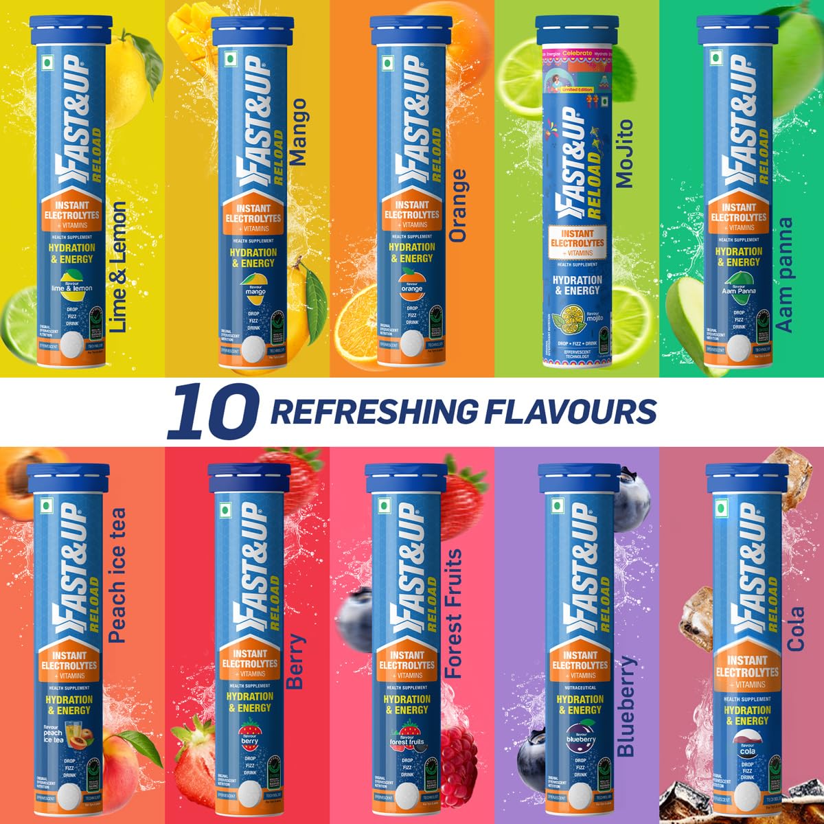 Fast&Up instant electrolyte drinks with 10 refreshing flavors on a colorful background