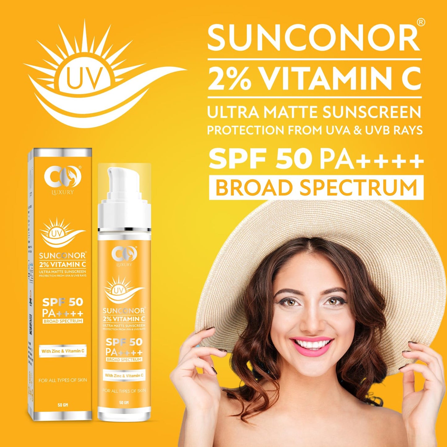 CO LUXURY 2% Vitamin C Sunscreen SPF 50 PA+++ | Water Resistant & Non-Greasy, Broad Spectrum Sunblock with Vitamin C, Zinc Oxide & Glycerine | Matte Finish, UVA/B Sun Protection for Women & Men | 50 gm