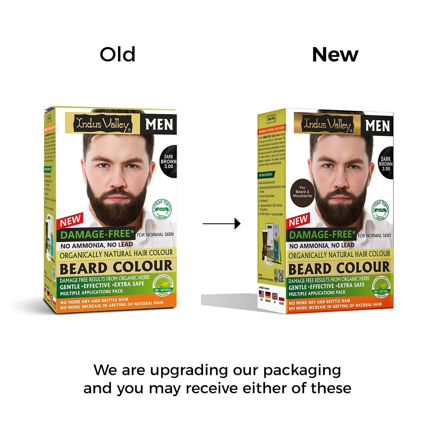 Comparison of old and new packaging for Indian Valley Men's Beard Colour with a man's face on the label.