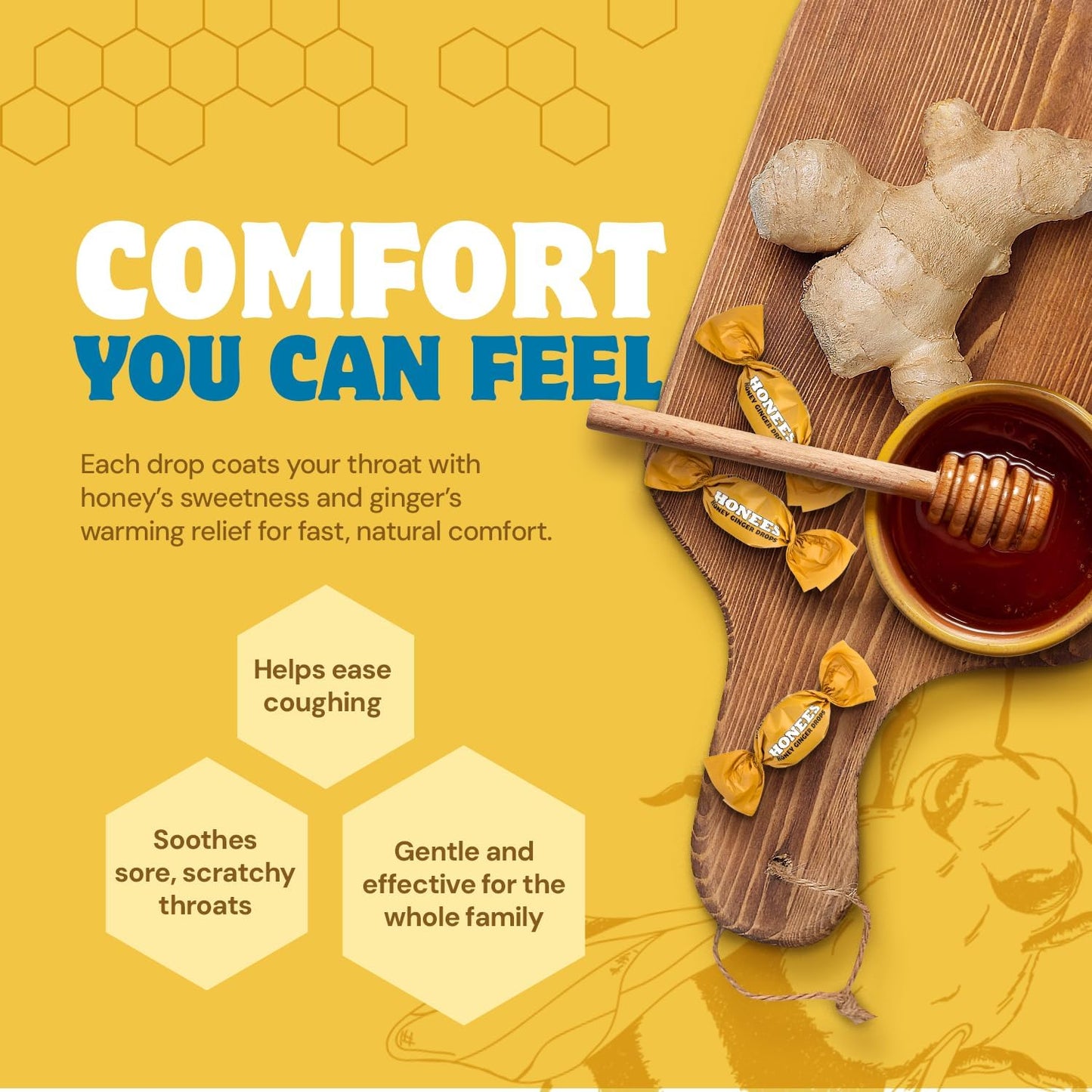 Honees Filled Honey Ginger Drops, Natural Cough Drops- Pure Ginger Sore Throat Relief - Nothing Artificial -Throat Coat Lozenges, Natural Cough Suppressant, Non-GMO, Gluten Free (1 Pack – 20 Drops)