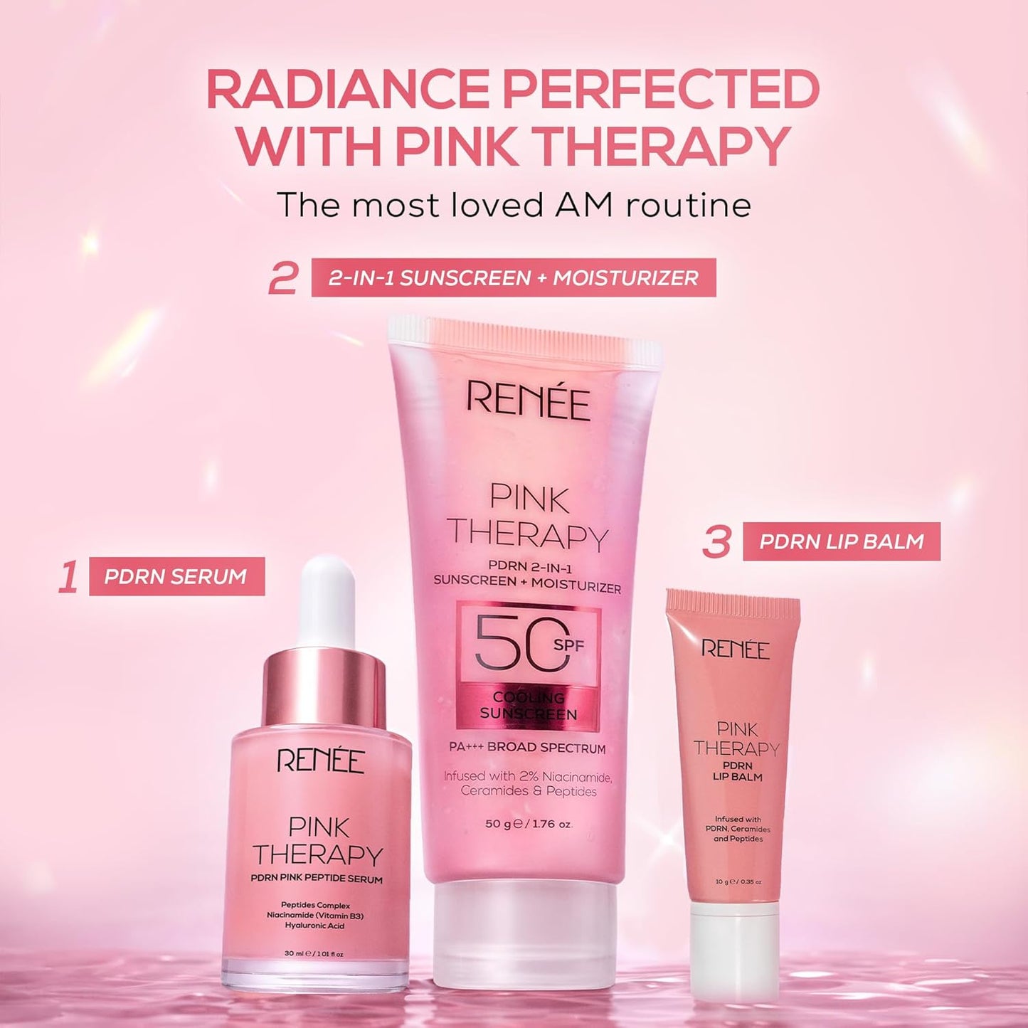 Skincare products with 'Pink Therapy' branding on a pink background