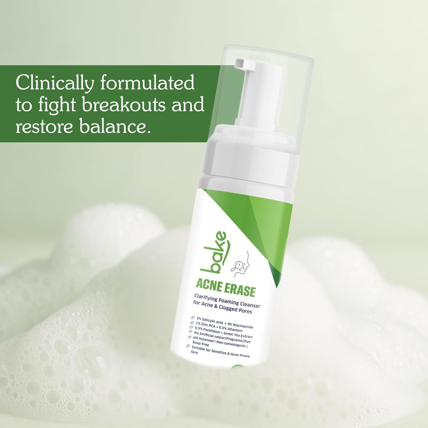 BAKE Acne Erase Foaming Face Wash with 2% Salicylic Acid & Niacinamide | Oil Control, Unclogs Pores, Clears Acne & Blemishes | Gentle Foaming Cleanser for Oily, Acne Prone & Sensitive Skin – 100ml