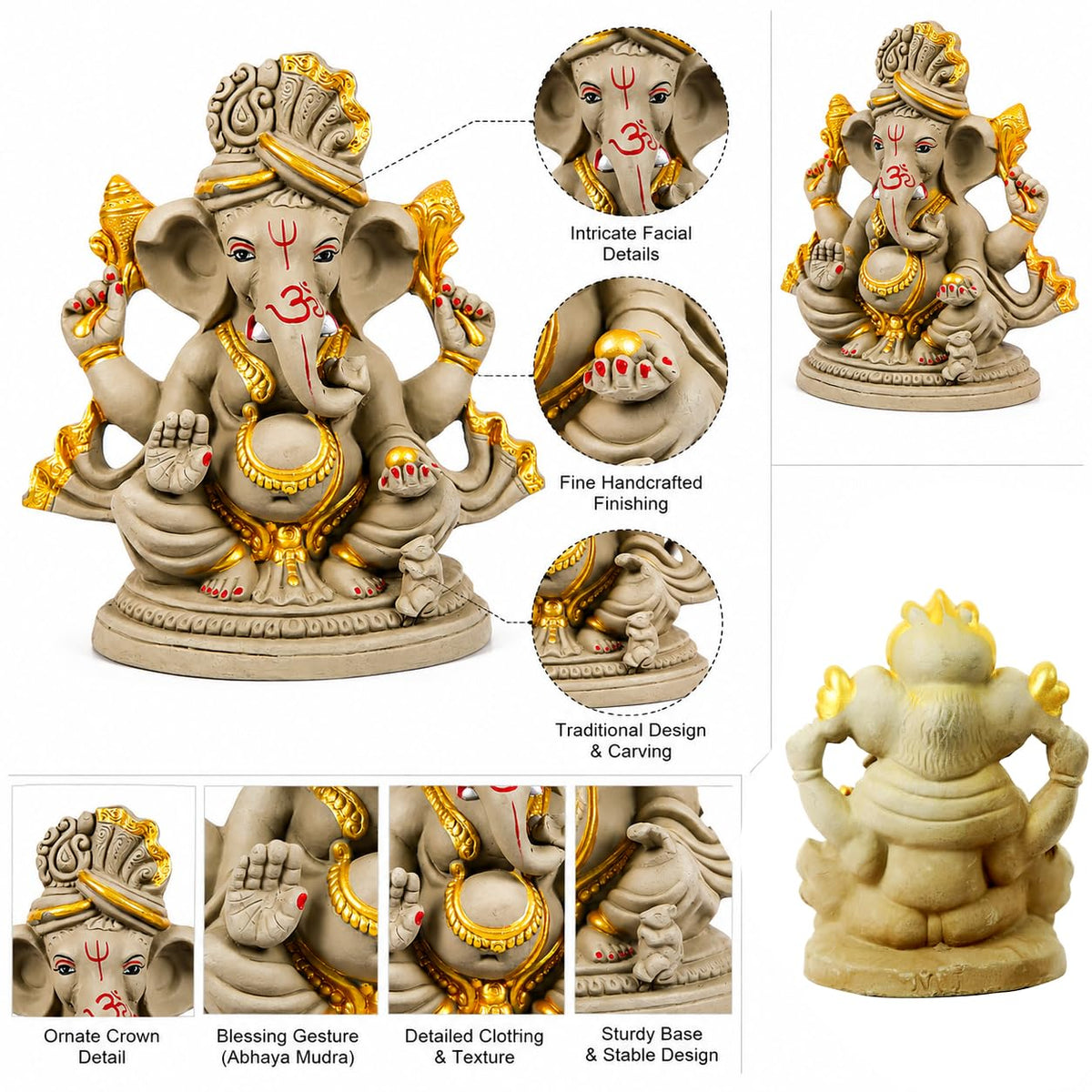TIED RIBBONS 100% Eco Friendly Clay Mitti Ganesha Idol Statue - (Large, 12 Inch) Murti for Ganpati Visarjan Pooja Room Handcrafted Decoration Items for Ganesh Chaturthi Home Décor Table Gifting Item