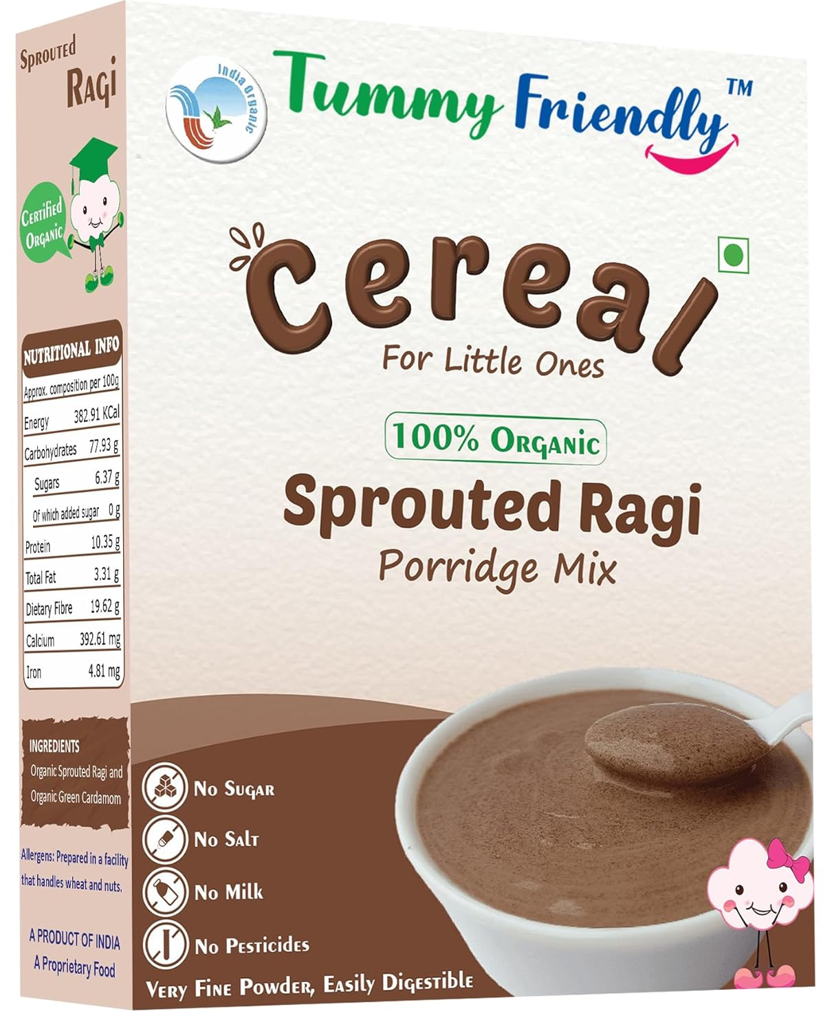 TummyFriendly Foods Certified Organic Sprouted Ragi Flour For Little Ones. Made of Organic Sprouted Ragi Powder , Baby Cereal for 6-12 months. Shelf Life 6 Month | 200g