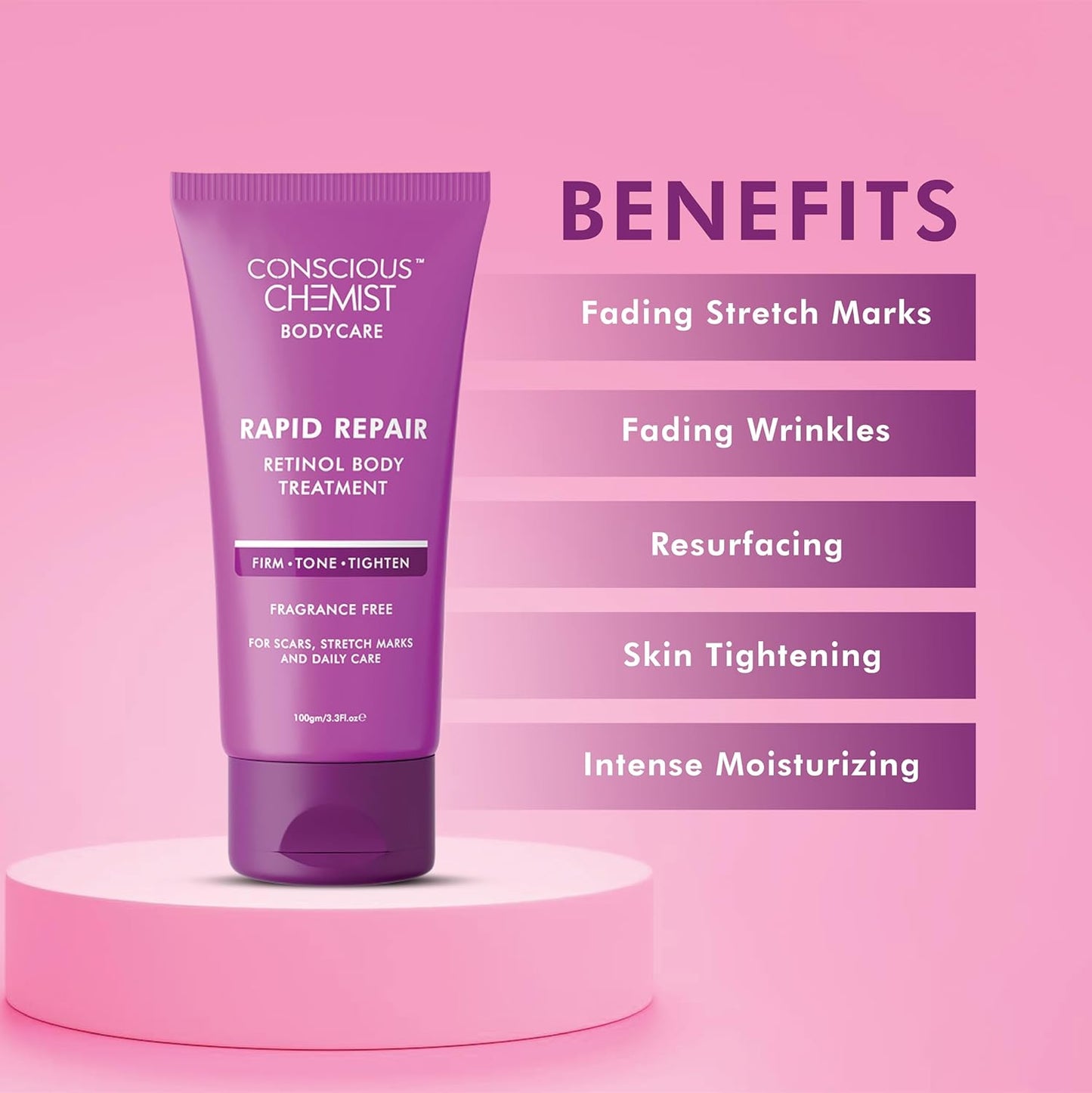 Conscious Chemist® Retinol Body Cream | Reduces Stretch Marks, Uneven Skin Tone & Scars | For Post Pregnancy Irregular Lines/Streaks | All Skin Types, Fragrance Free & Cruelty Free | 100 g