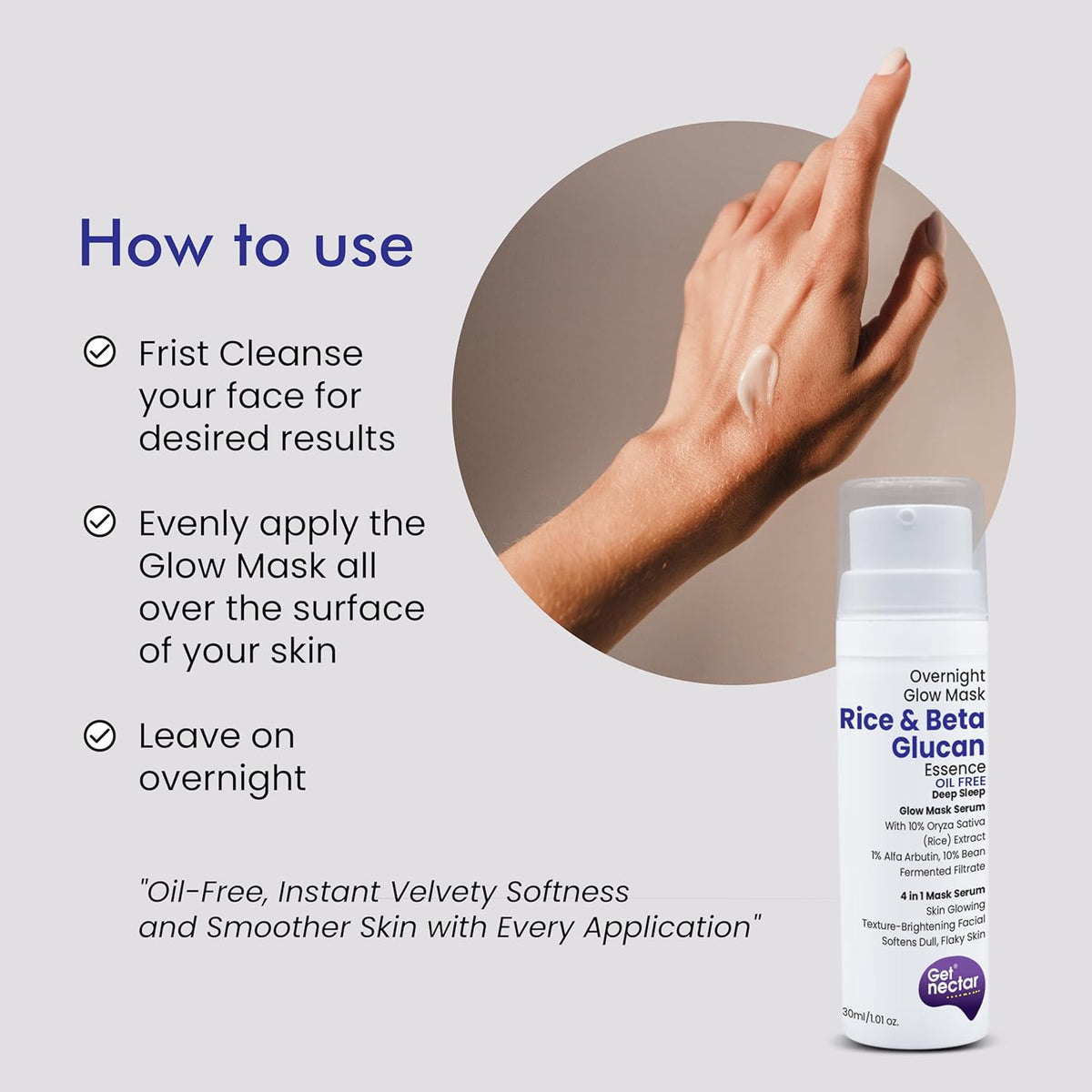 Skincare product with usage instructions and a hand applying the product.