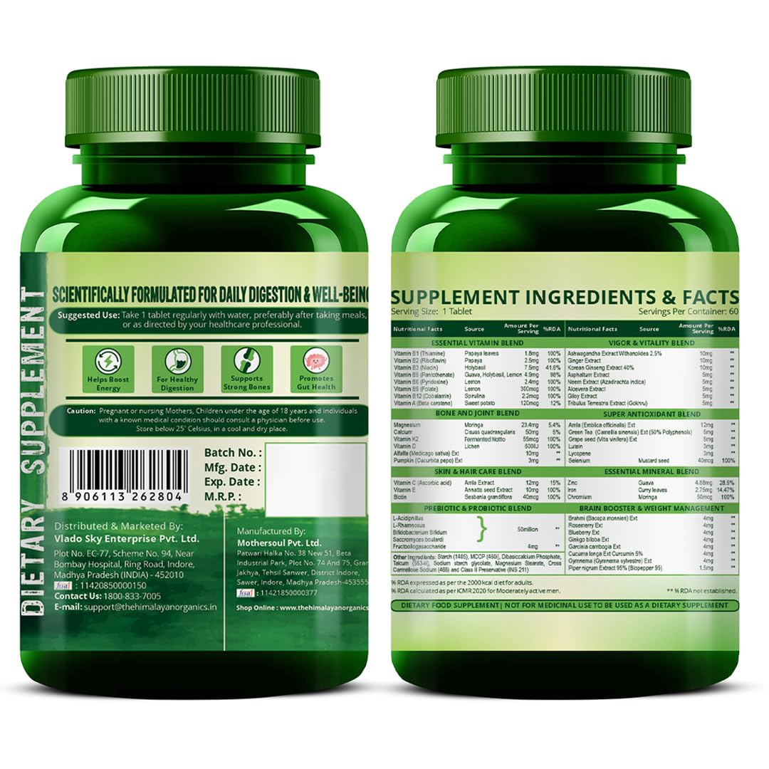 Vlado’s Himalayan Organics Multivitamin Tablets for Men & women With Probiotics - 60+ Ingredients multi Vitamins Supplement For Men And Women | VItamin B1,B2,B3,B5,B6B9,B12,C,E,A,K2,D Magneisum with 5B CFU Probiotic Blends 60 Veg Tablets