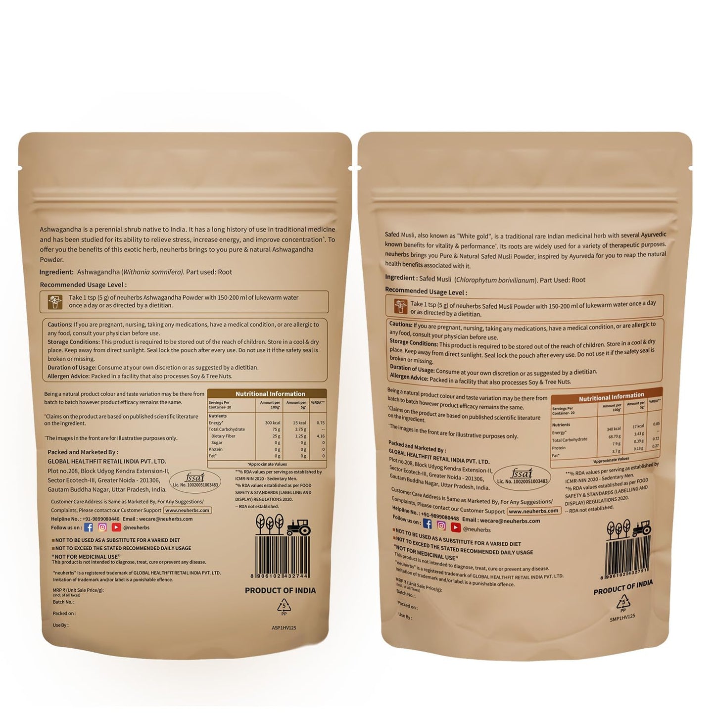 Neuherbs Organic Safed Musli + Ashwagandha Powder (200g) | Herbal Combo For Strength & Stamina Booster, Support for Stress, Mental Calmness & Anxiety Issues