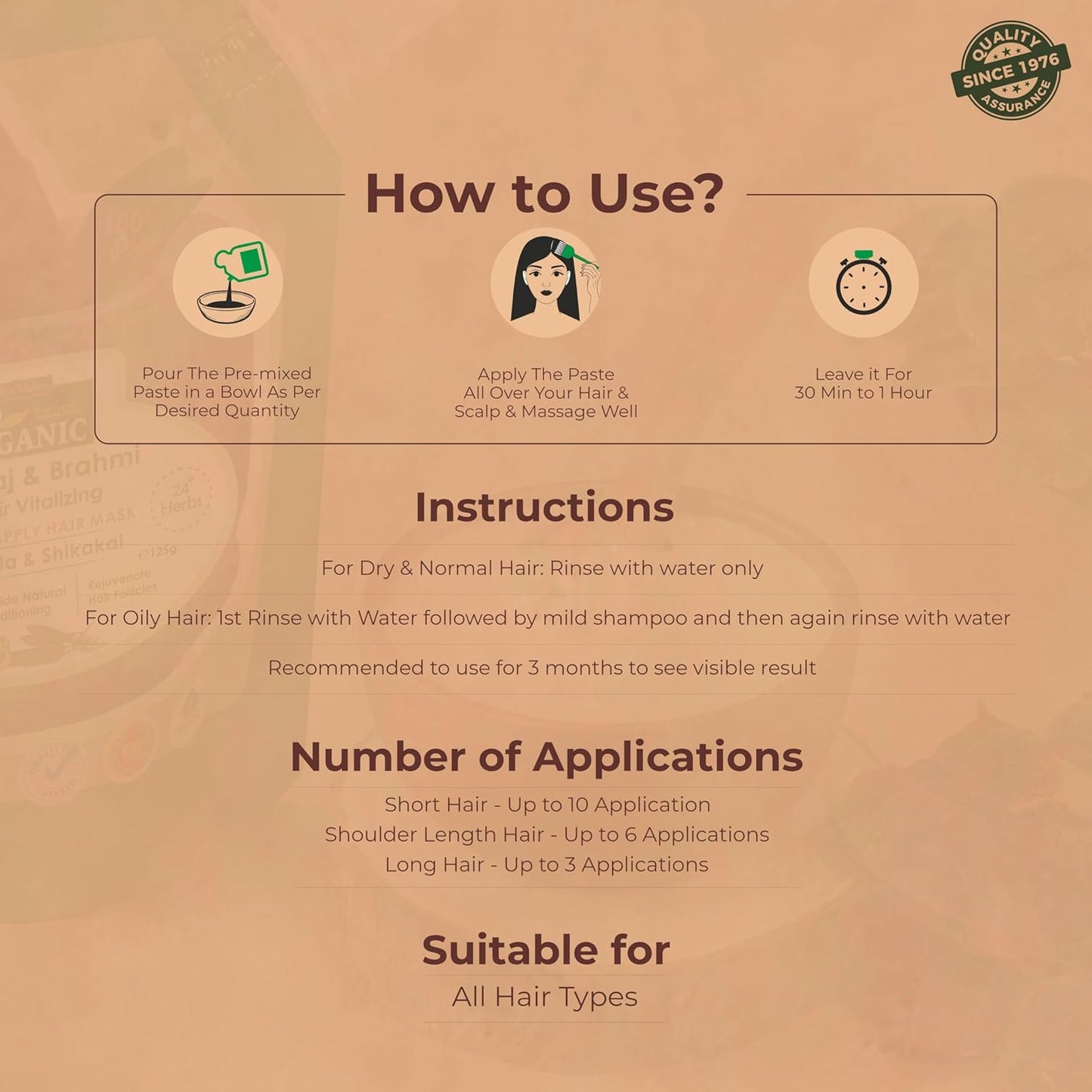 Instructions for using a hair care product on a brown background with a brand logo.