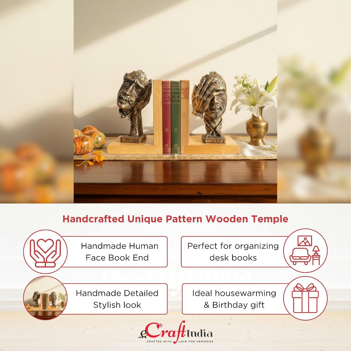 eCraftIndia Wooden Book End with Resin Handmade Human Face with Hand Showpieces for Home Decor Office Table | Gift for Housewarming Birthday