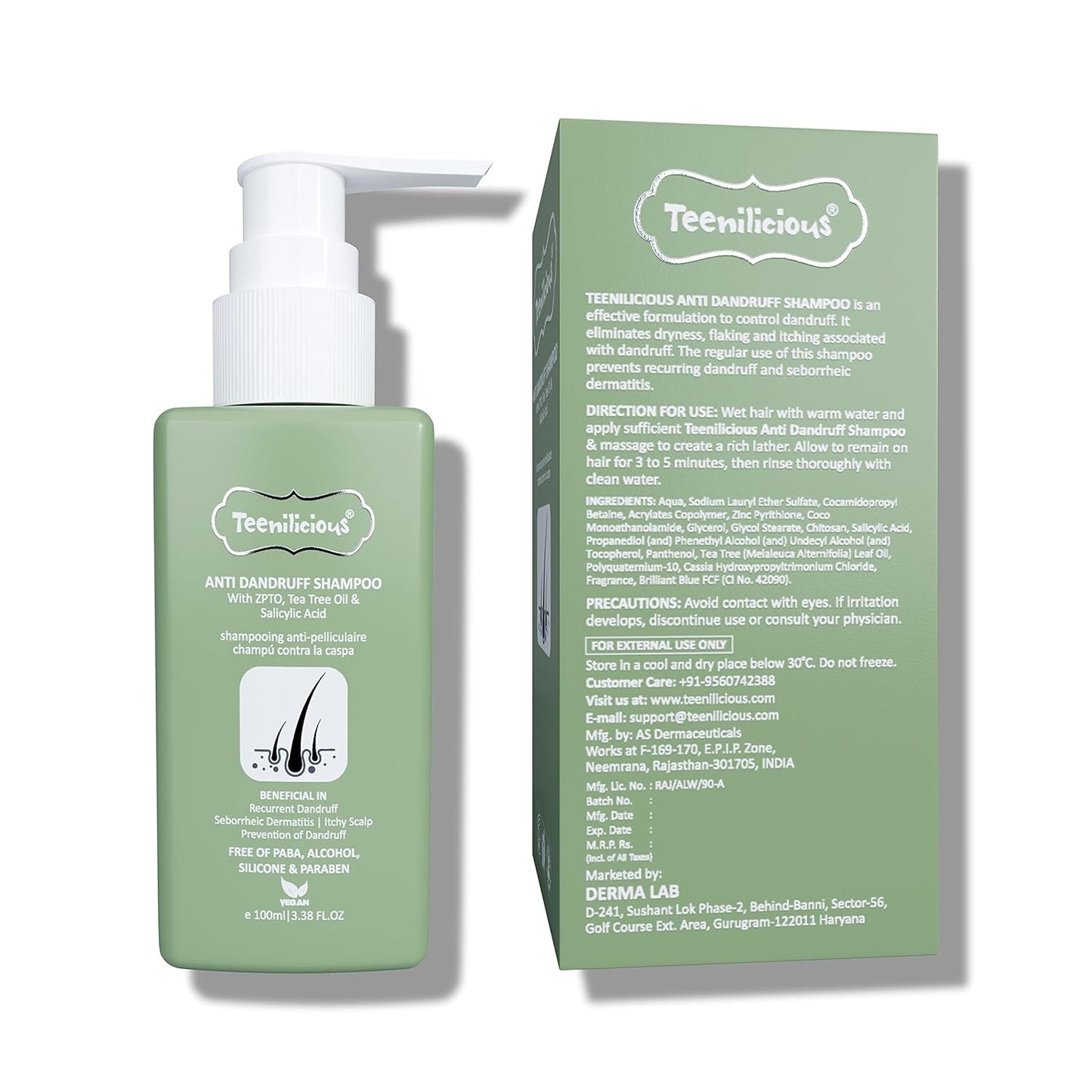 Teenilicious Anti Dandruff Shampoo for Women & Men | Natural Tea Tree Oil with 1.0% Salicylic Acid | Shampoo for Dandruff and Itchy Scalp | Free from Alcohol, Silicones, Paraben & Sulphates - 100ml
