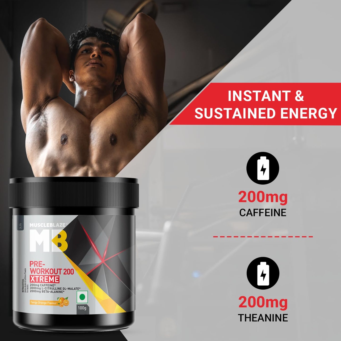 MuscleBlaze Pre Workout 200 Xtreme (Tangy Orange, 15 Servings, 100g) | 200mg Caffeine, 200mg Theanine, 2000mg Beta Alanine, 3000mg Citrulline