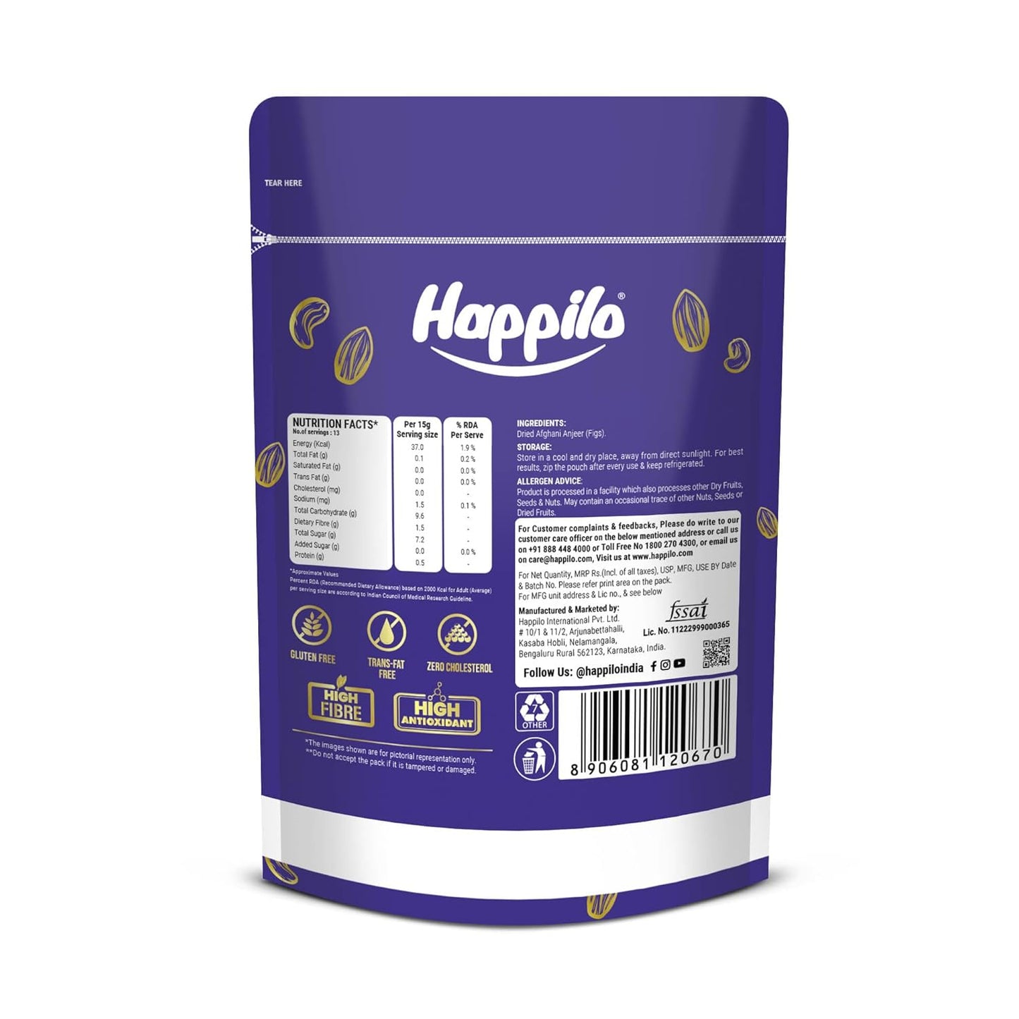 Happilo Premium Dried,200g | Afghani Anjeer I Low in Fat | Healthy Snack I Rich Source of Vitamins Dietary Fiber | Dry figs
