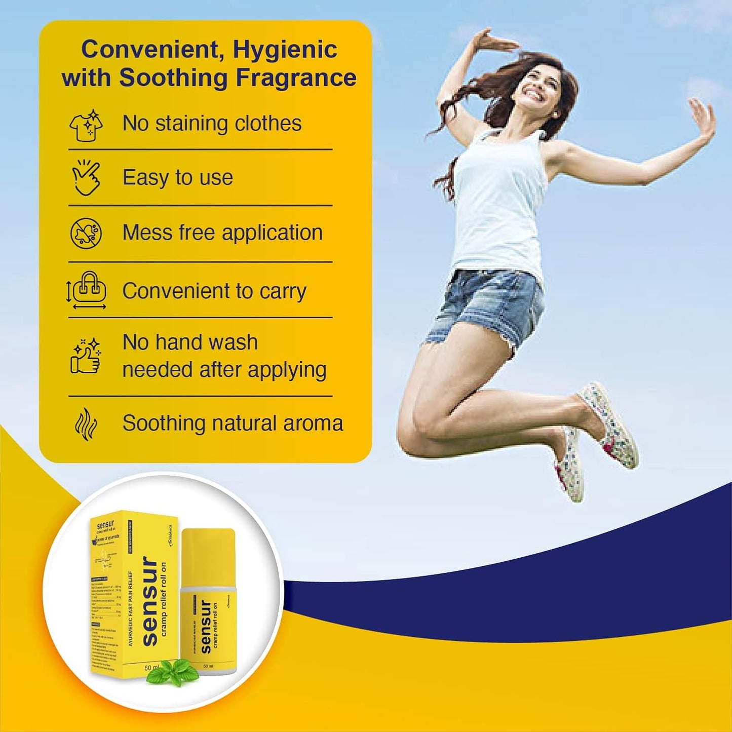 Ayurvedic Cramp Relief Roll On - 50ml (Pack of 1) | Fast & Safe Relief from Period Pain in Abdomen, Back & Thighs | Nilgiri, Kapur, Pudina, Lavang | Big Roll On for Easy Use | Soothing Aroma