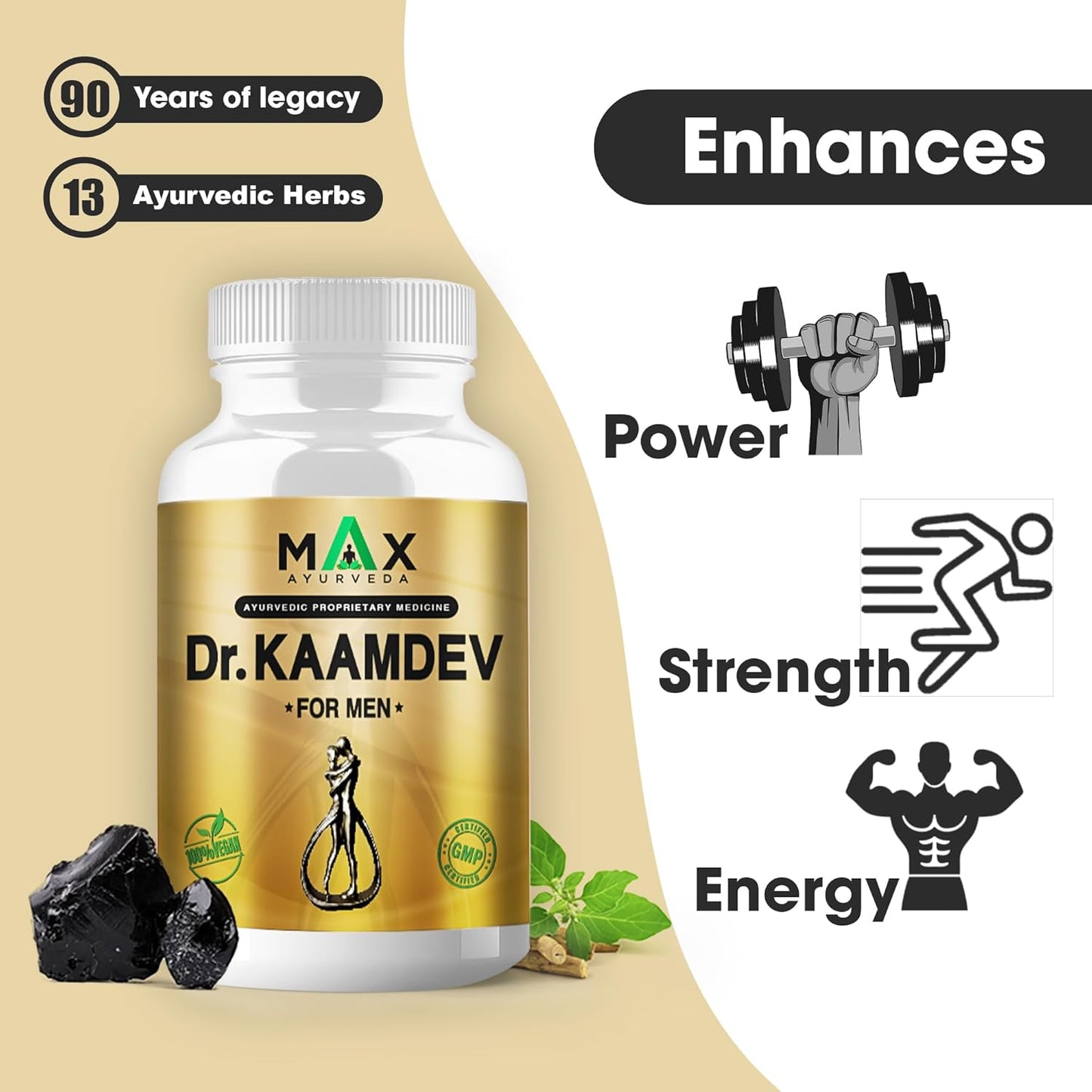 Max Ayurveda Dr. Kaamdev Capsules for Men (30 Capsules) - 100% Vegan and GMP Certified | Stamina, Power and Energy Booster